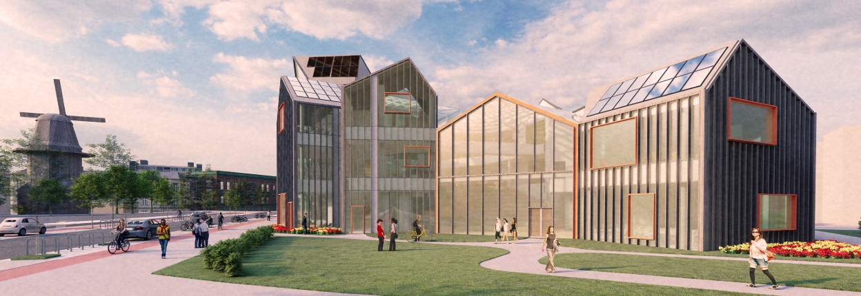 Street-side rendering of gabled glass and dark timber-clad volumes with solar panels, a windmill and flower beds at dusk. Image: Dorota Matula