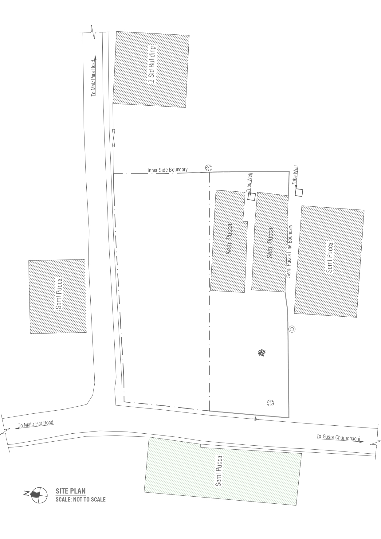 Site plan drawing showing the plot boundary, surrounding semi-pucca buildings, two roads and tube wells, with no new building yet placed