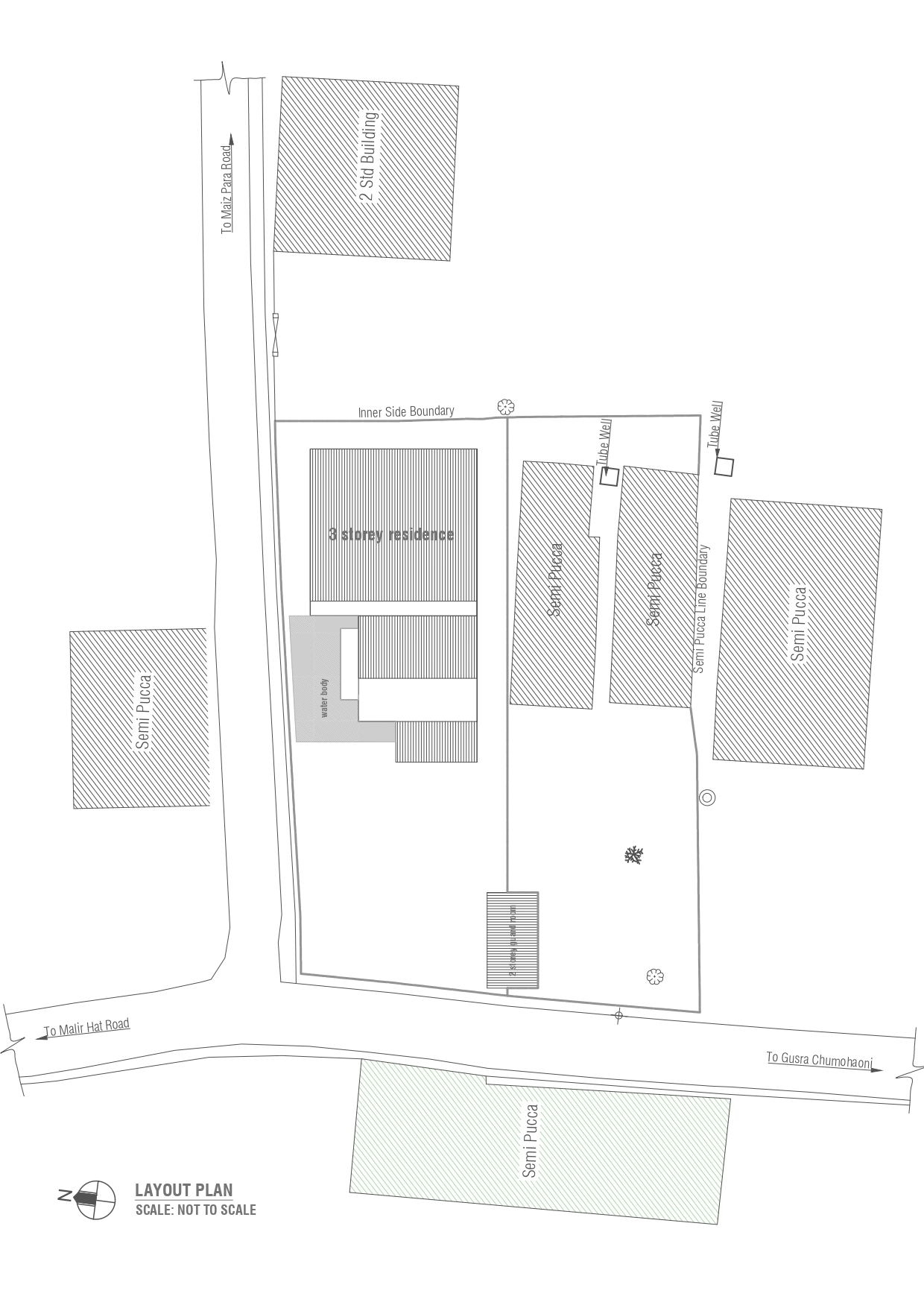 Layout plan drawing showing the three-storey residence, a waterbody and a small structure placed within the plot beside neighboring buildings and roads