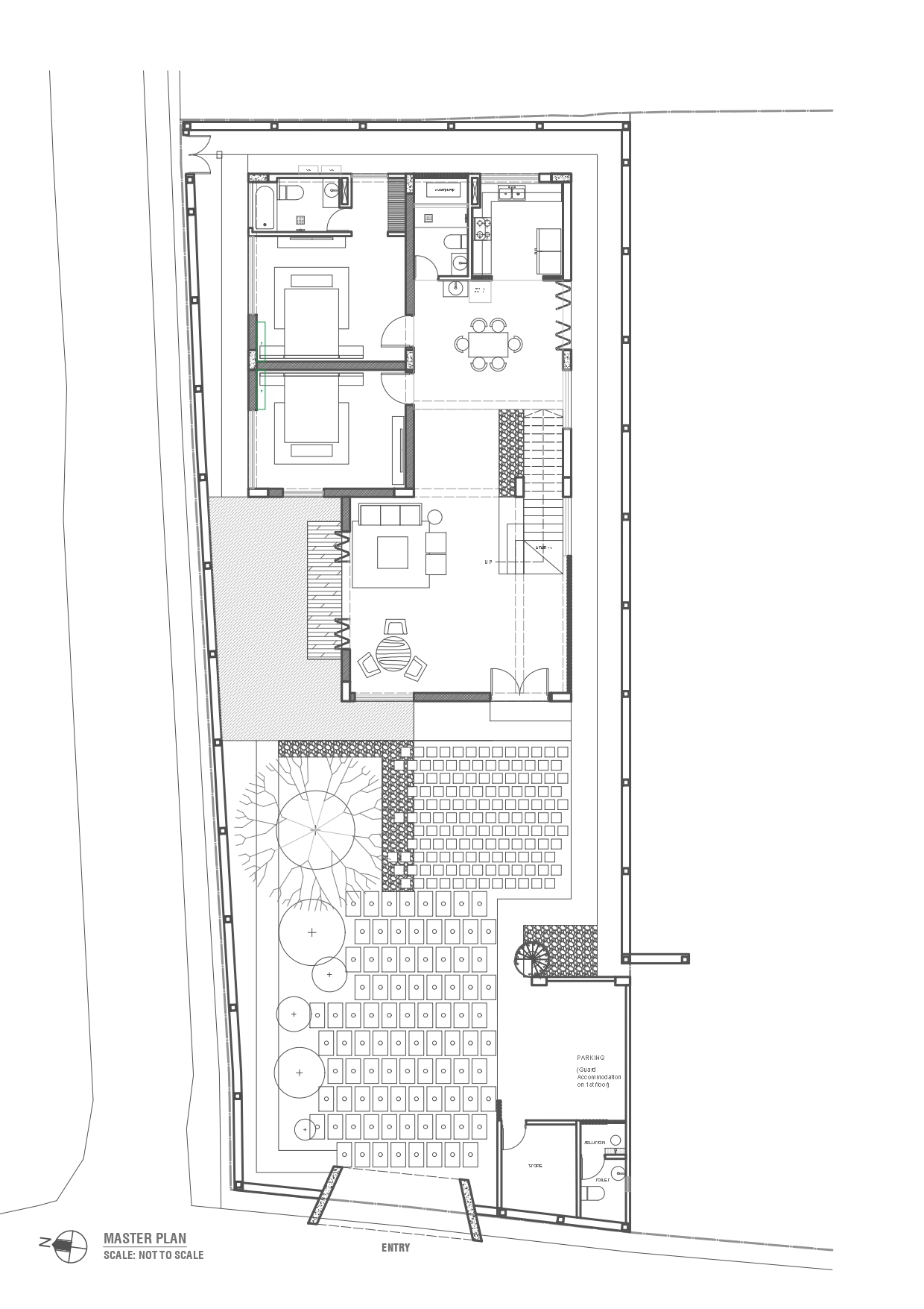 Master plan drawing of the whole plot showing the house at the rear, a large tree, planted courts, parking and the entry gate