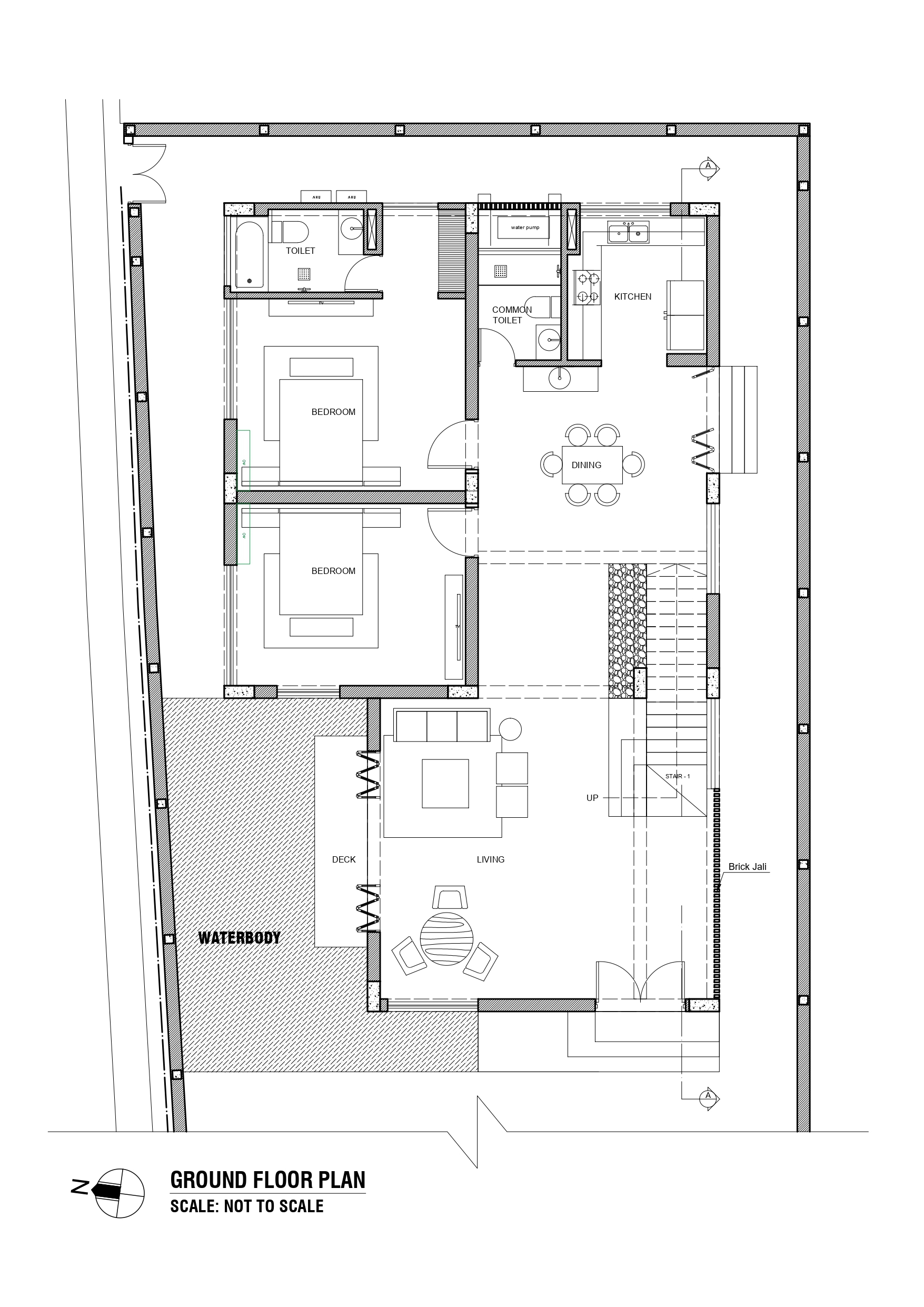 Ground floor plan drawing showing two bedrooms, kitchen, dining, living room, stair, brick jali wall and a deck beside the waterbody