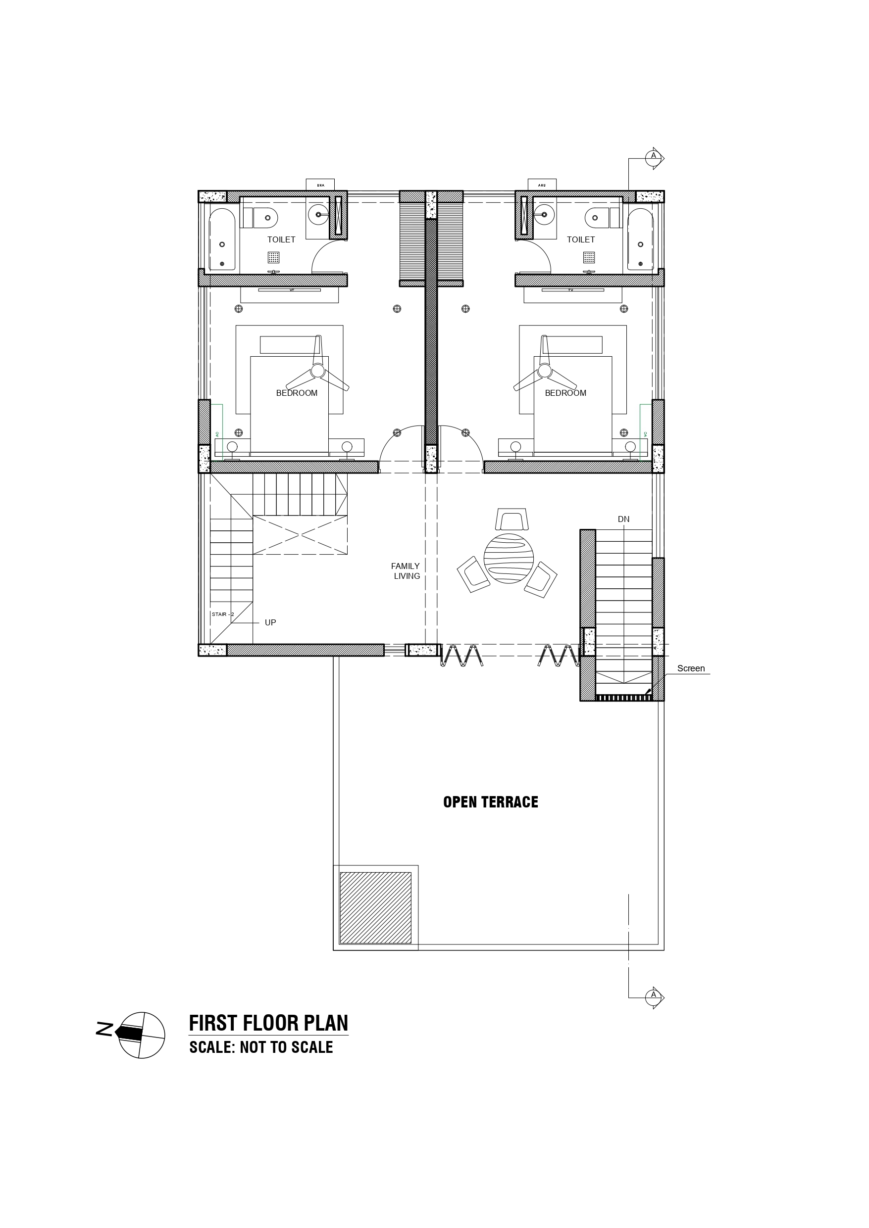 First floor plan drawing showing two mirrored bedrooms with toilets, a family living area, two stairs and a large open terrace