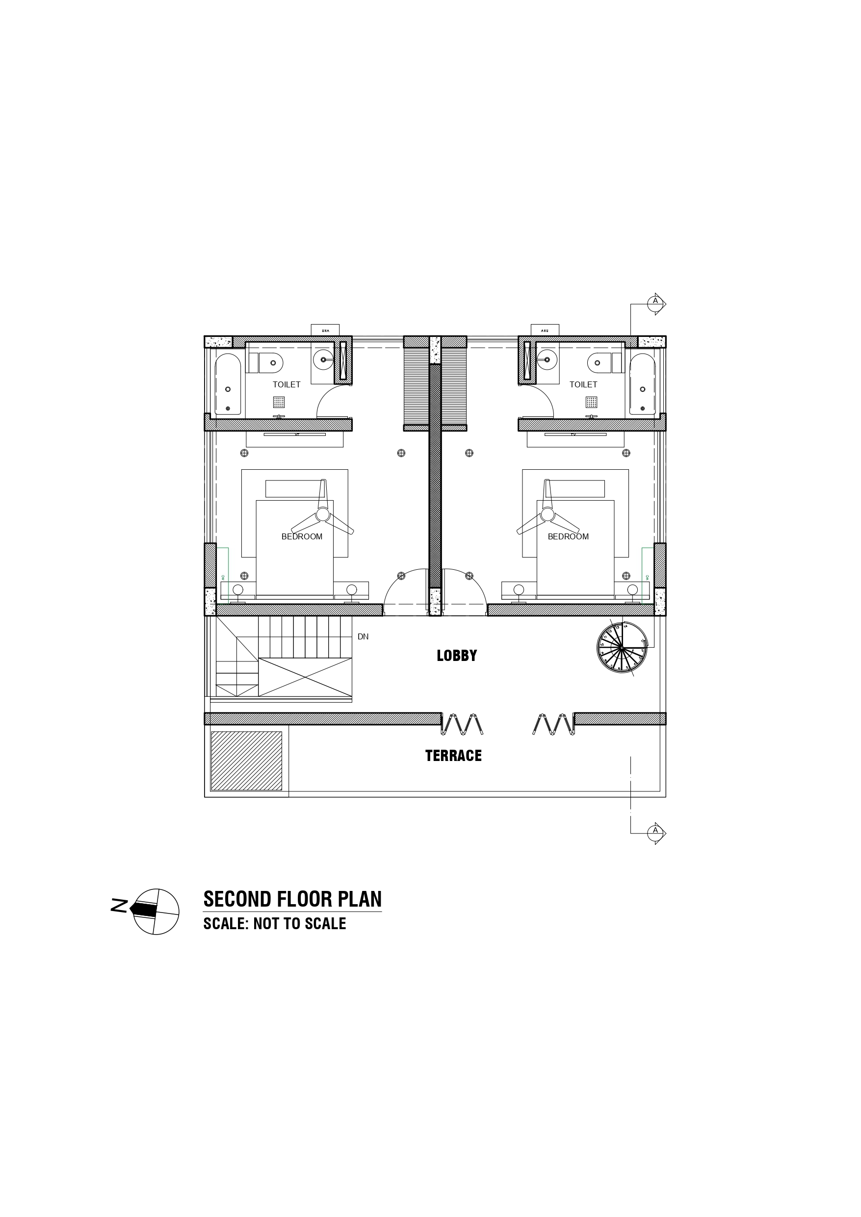 Second floor plan drawing showing two mirrored bedroom suites, a lobby with stair and spiral stair, and a narrow terrace