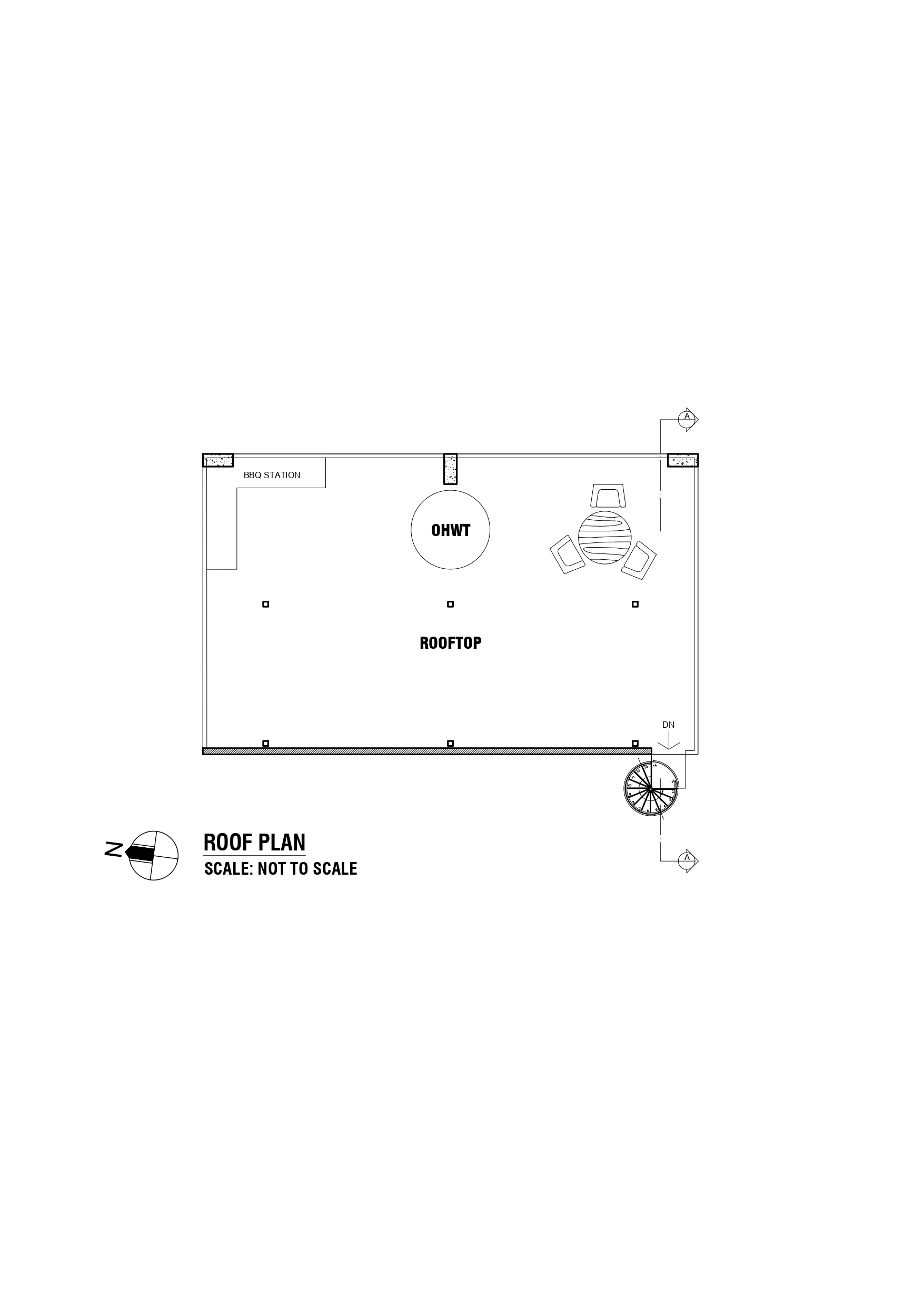 Roof plan drawing of the rooftop with a barbecue station, a round water tank, a seating group and a spiral stair