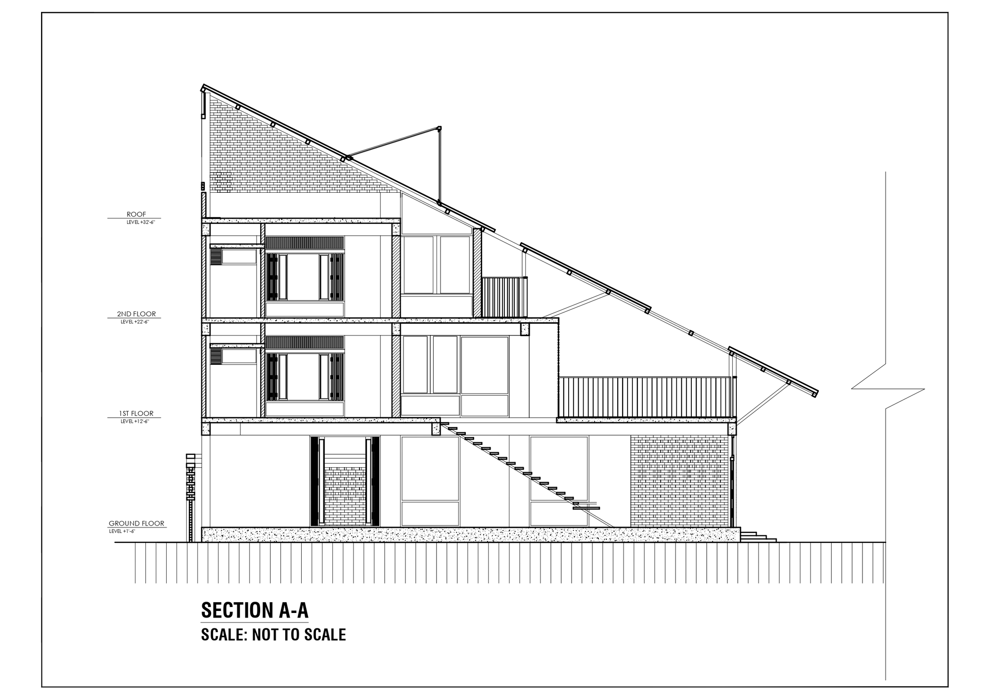 Section drawing cutting through three floors under a steep sloping roof, with a floating stair, brick screen walls and a railed terrace
