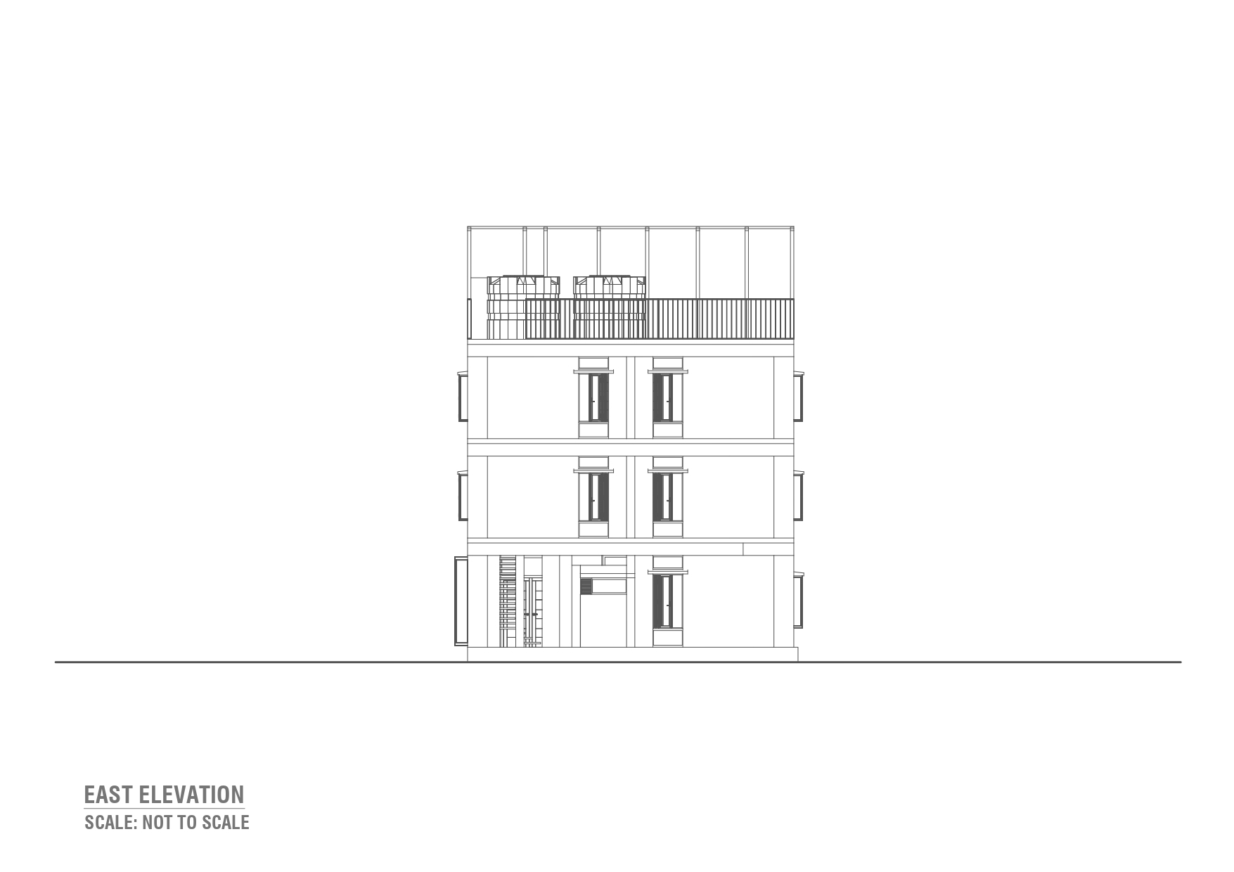 East elevation drawing of the narrow four-level facade with paired windows, a roof railing and water tanks at the top