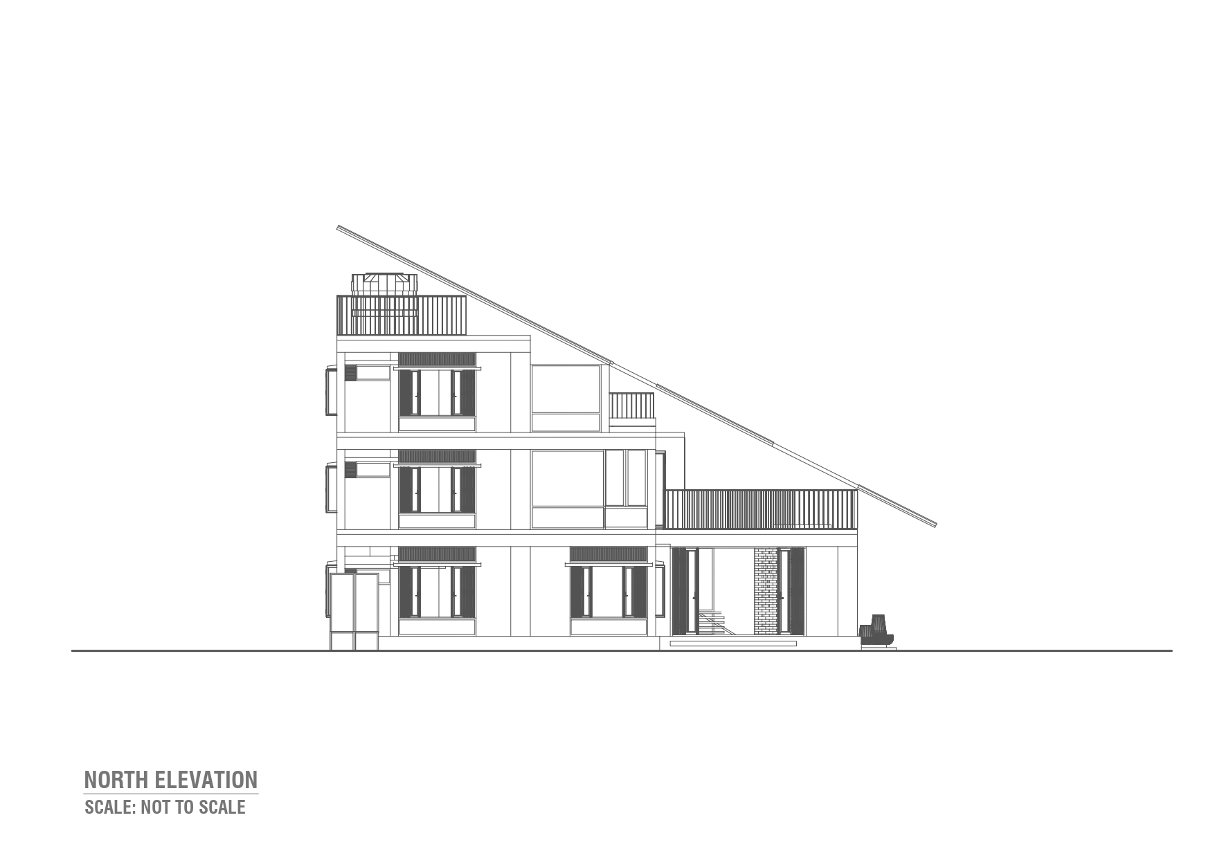 North elevation drawing showing a long diagonal roof slope above shuttered windows, a railed terrace and a brick screen at ground level