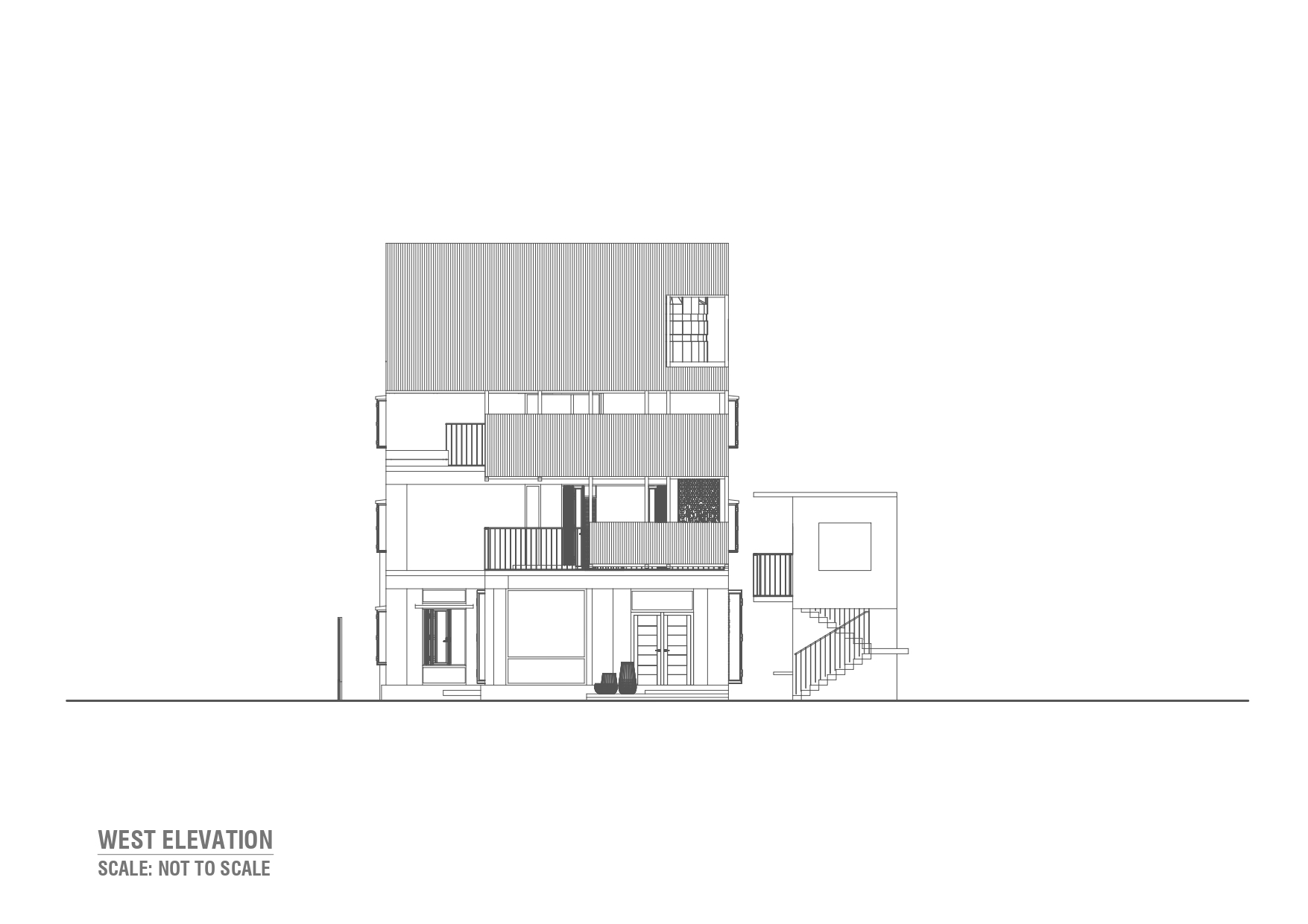 West elevation drawing of a stepped three-storey house with a ribbed sloping roof, balconies and a side stair volume
