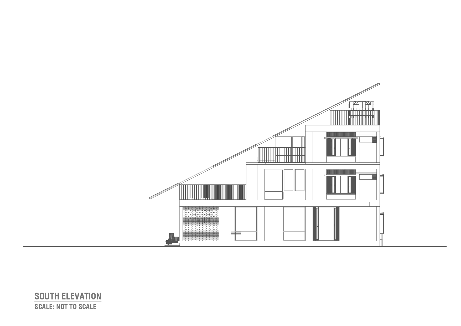 South elevation drawing showing a steep single-slope roof over stacked terraces, railings, shuttered windows and a perforated brick screen