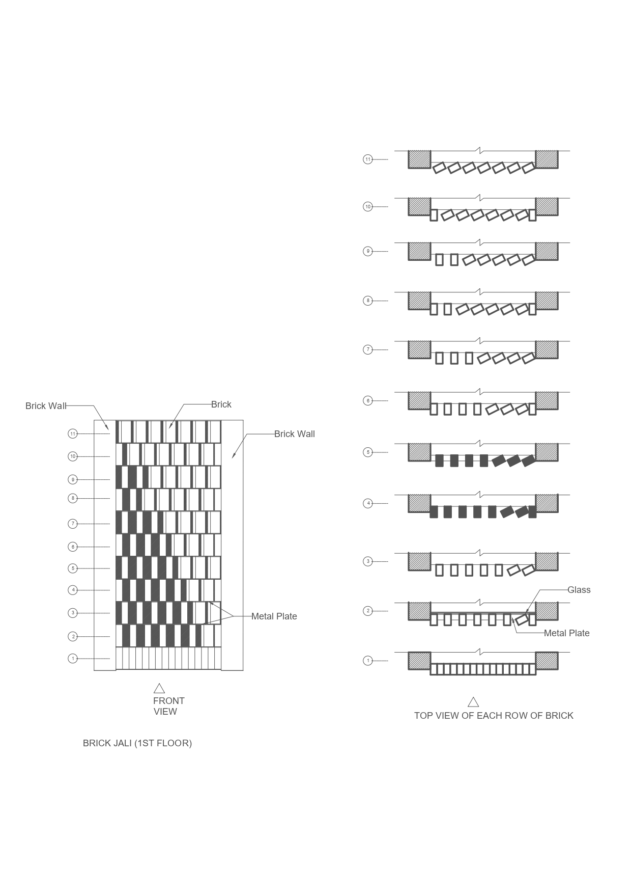 Detail drawing of a brick jali with front view and row-by-row top views showing rotated bricks, glass and metal plate