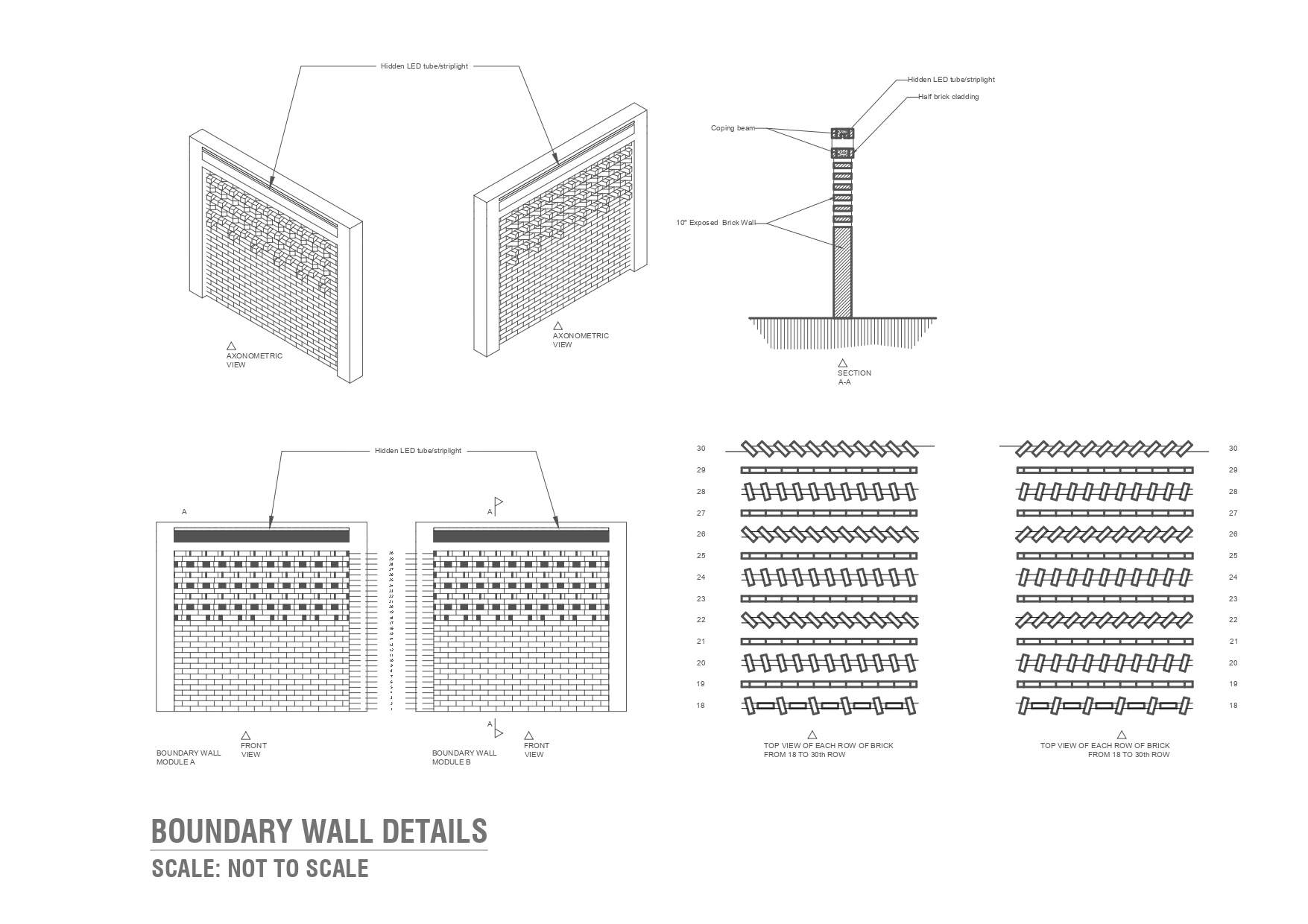 Boundary wall detail sheet with axonometric views, a section and plan rows of angled bricks under a hidden LED strip