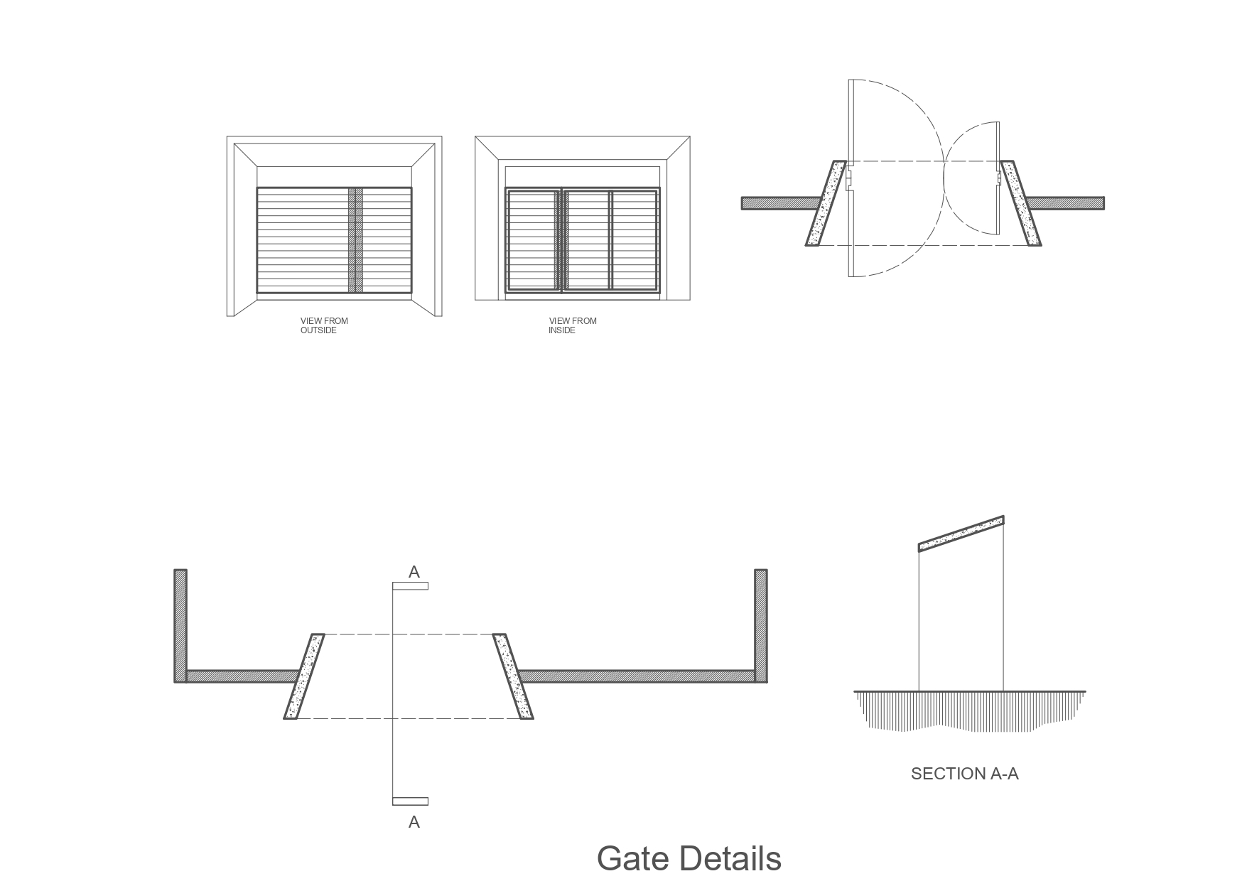 Gate detail drawing with outside and inside views, swing plans and a section of angled slatted leaves