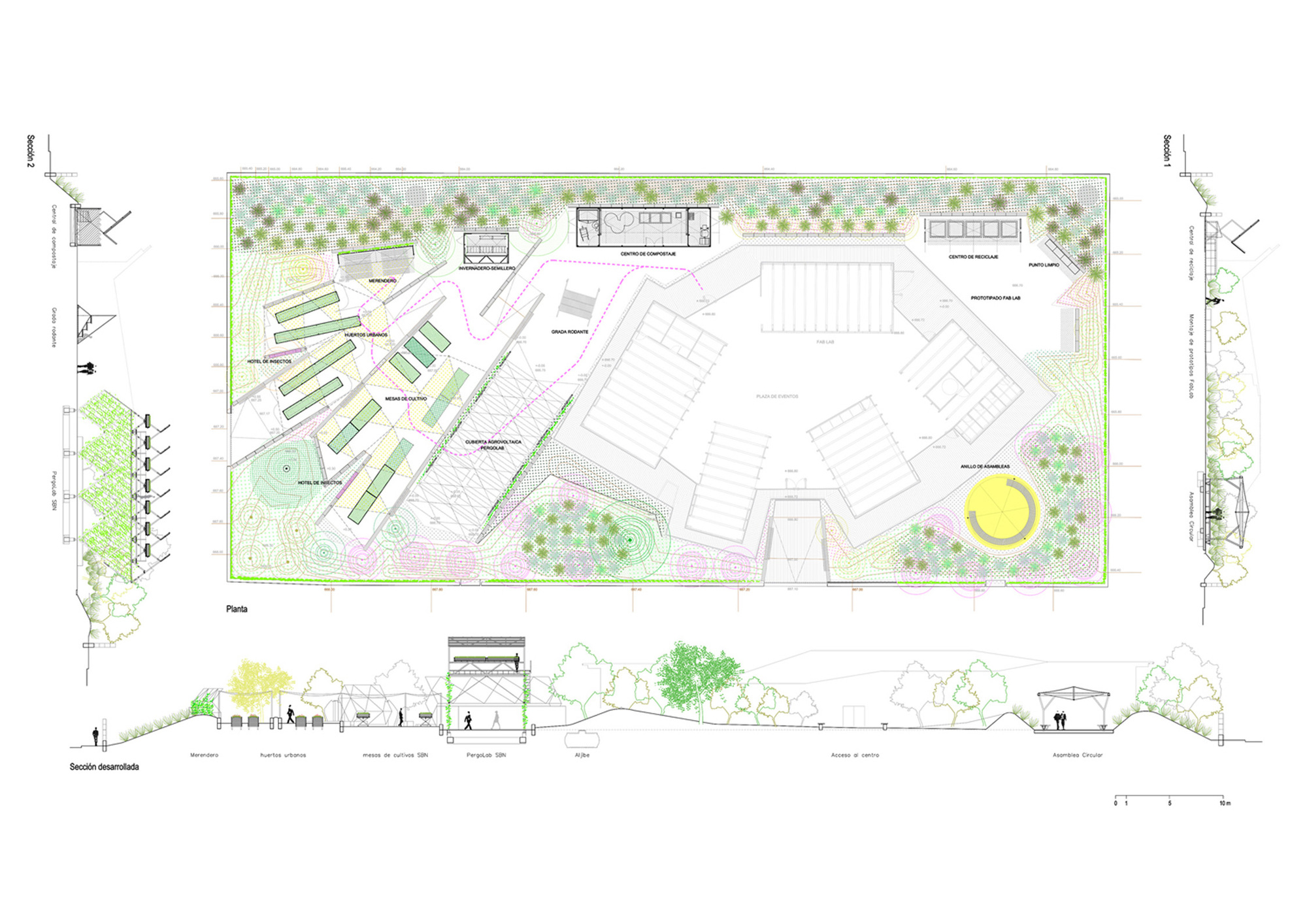 Site plan drawing with a central building, planted beds, a circular yellow assembly area and long sections along the edges