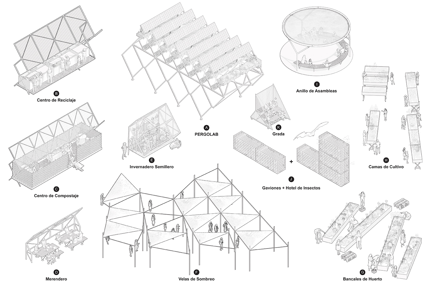 Axonometric drawings of small pavilions and furniture pieces, including a pergola, greenhouse, shade sails, gabions and raised garden beds, with people for scal