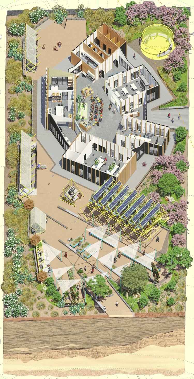 Aerial rendered plan of courtyard buildings, solar pergola, triangular shade sails and flowering trees beside a strip of bare ground