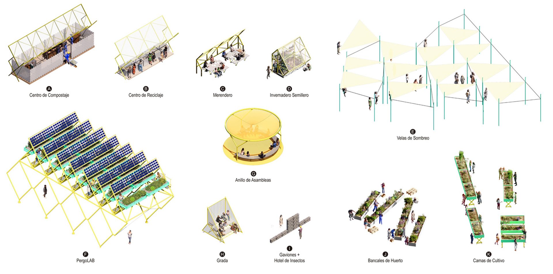Isometric drawing sheet of lettered garden pavilions, including solar-panel pergola, shade sails, compost centre, assembly ring and raised planting beds, with s