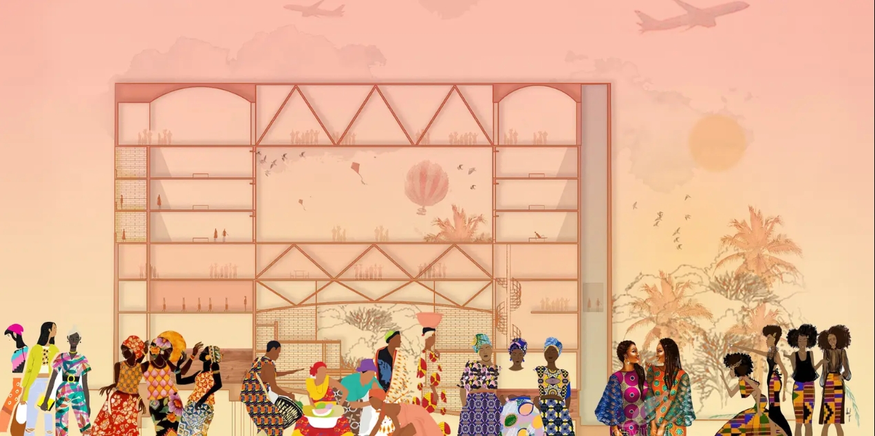 Illustrated section drawing of a multi-storey building with triangular trusses and arched bays, a crowd in patterned clothing gathered below a peach sunset sky. Image: Riya Venki