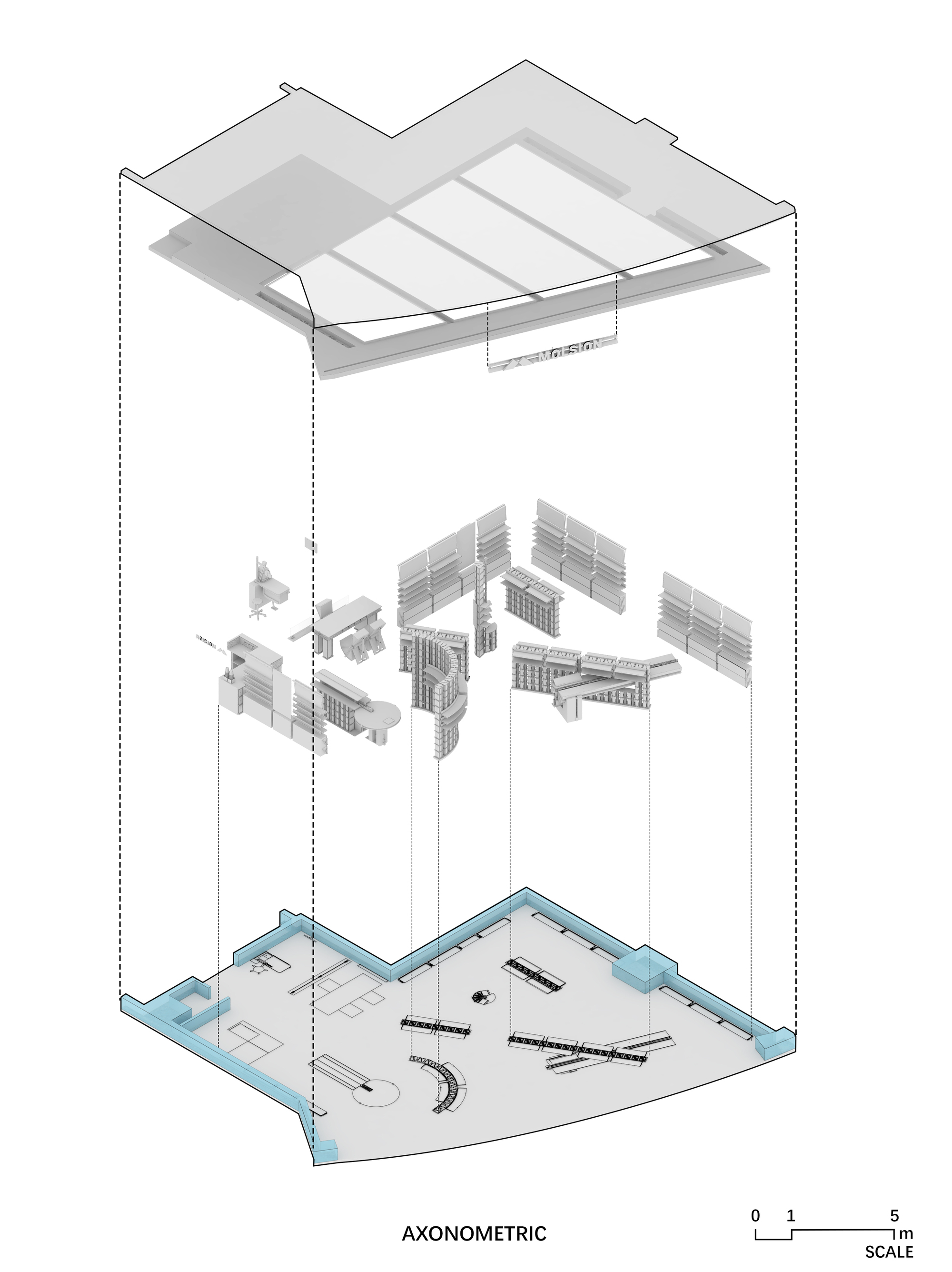 Exploded axonometric drawing separating the ceiling, freestanding display furniture and floor plan with blue-highlighted walls of an irregular retail space