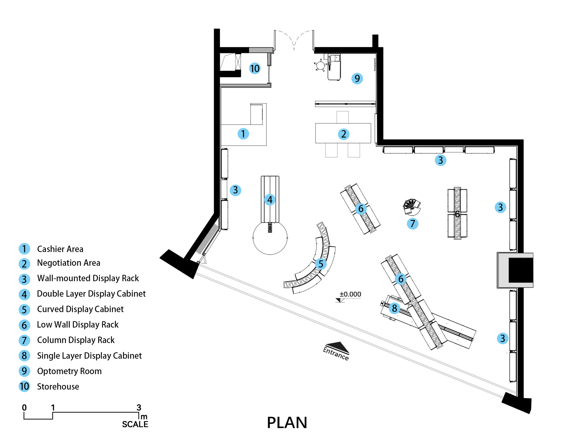 Floor plan drawing of an angular eyewear shop with numbered zones for cashier, negotiation area, curved cabinet and wall racks