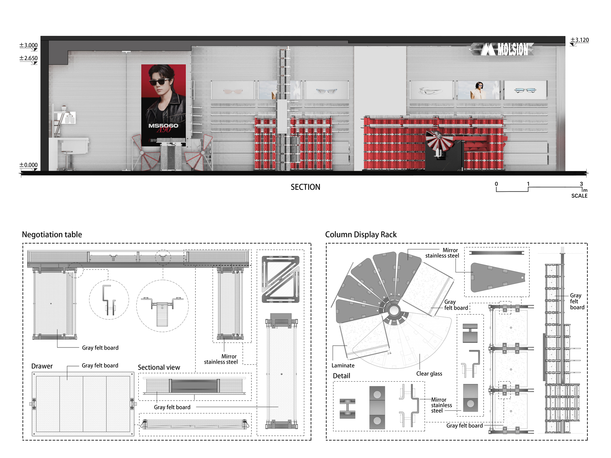 Section drawing of a shop wall with red display cabinets and a spiral rack, above details of a negotiation table and column rack