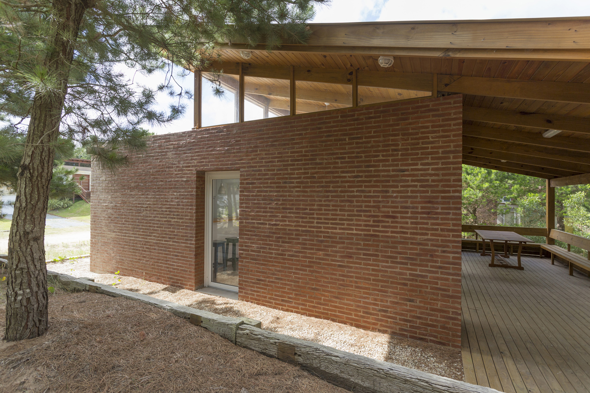 Exterior brick wall with a small glazed door beside a covered deck, a pine trunk in the foreground and clerestory windows above