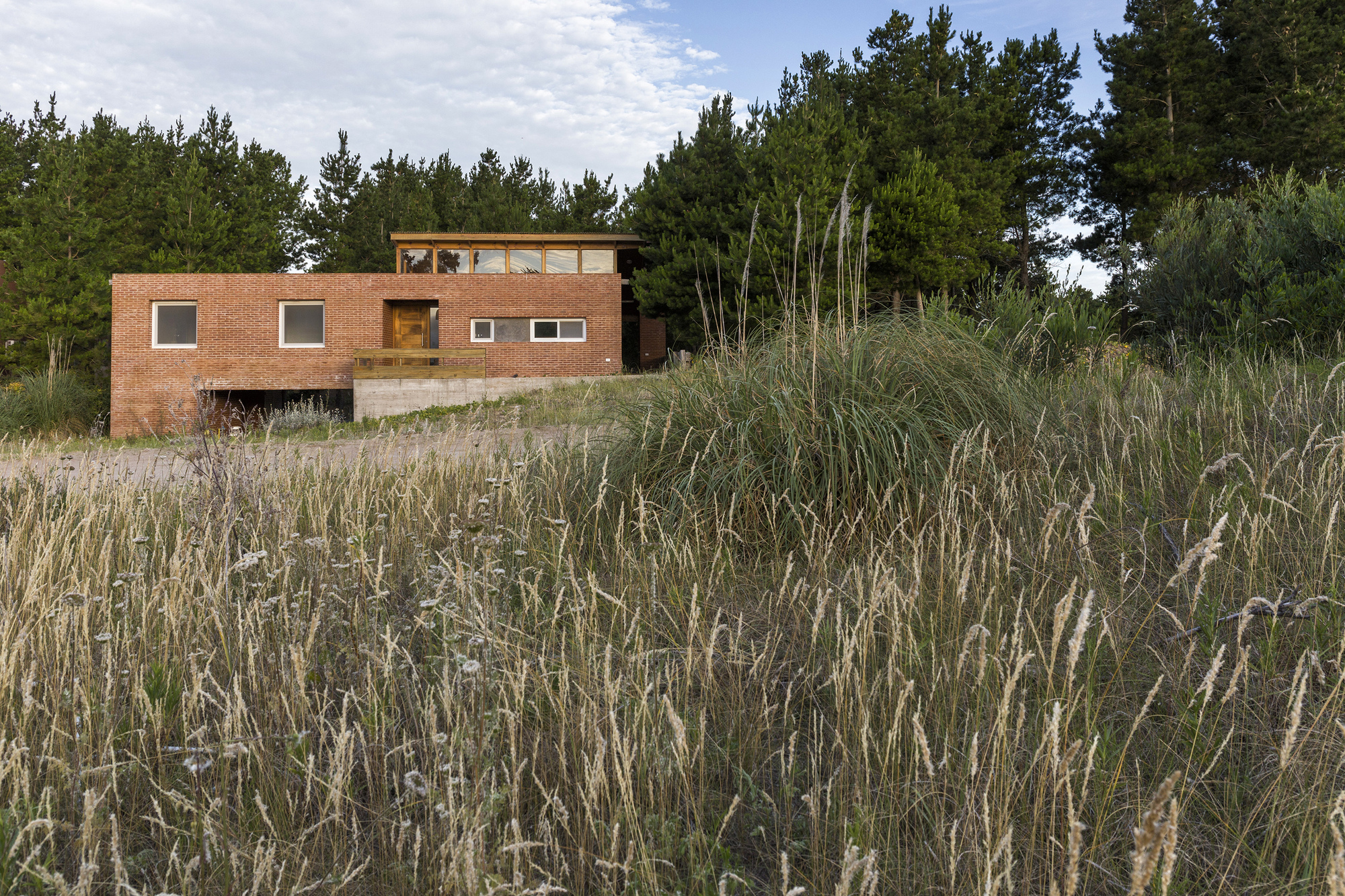 Brick house seen across tall dune grasses, with a clerestory roof and pine trees behind in late daylight