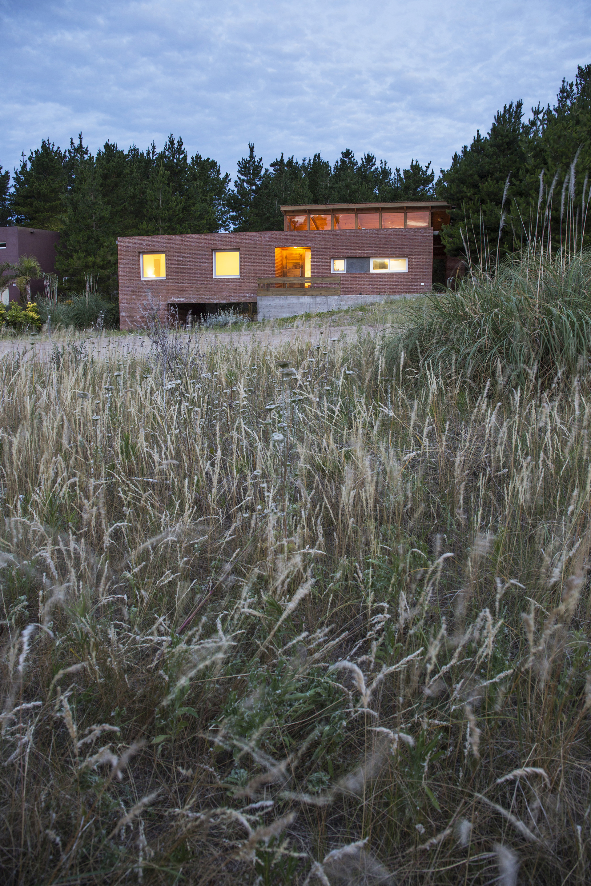 Brick house with lit windows and a glazed upper volume behind tall dune grasses and pines at dusk