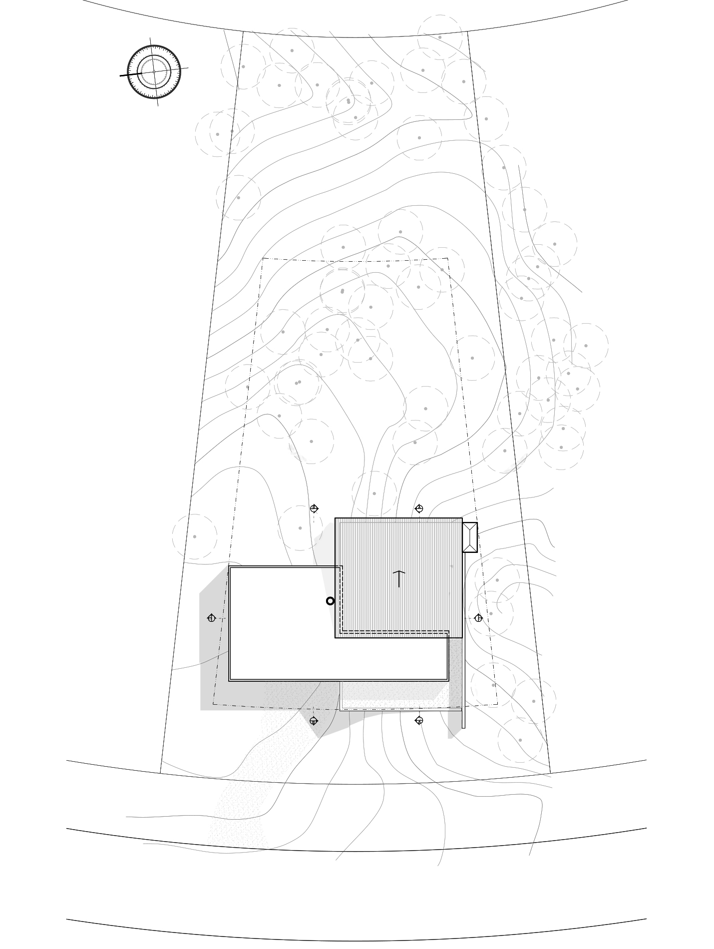 Site plan drawing of the same two-roof house on its sloping lot, with contour lines and tree positions marked