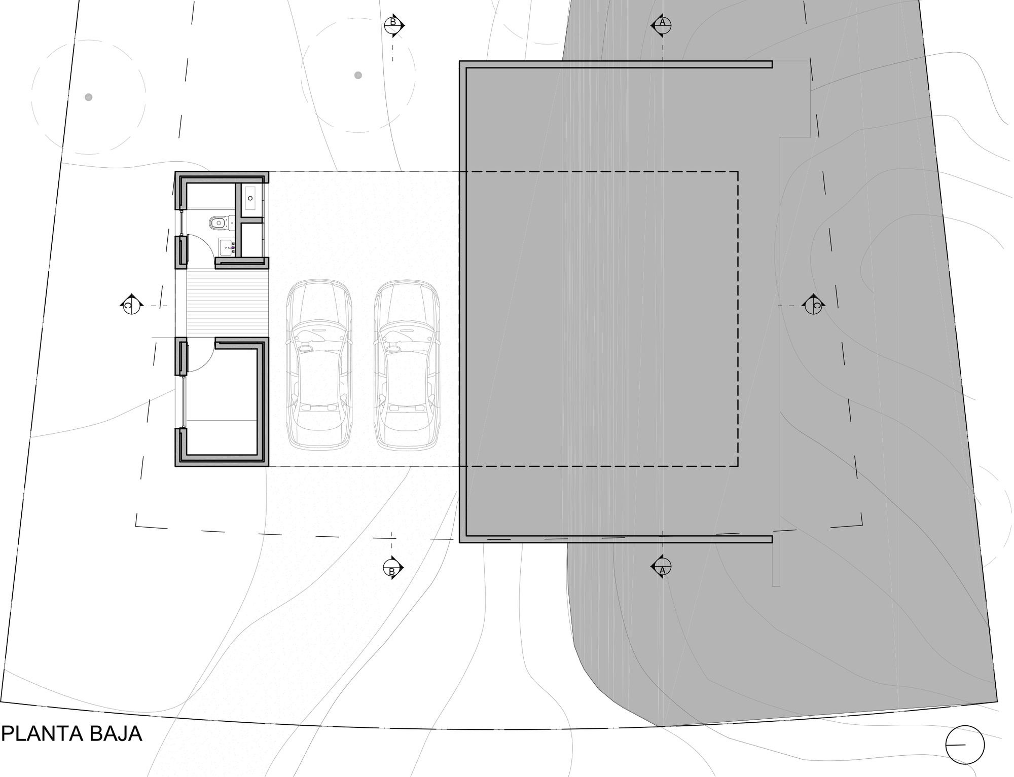 Ground floor plan drawing with a small service block, two parked cars and a large roof overhead