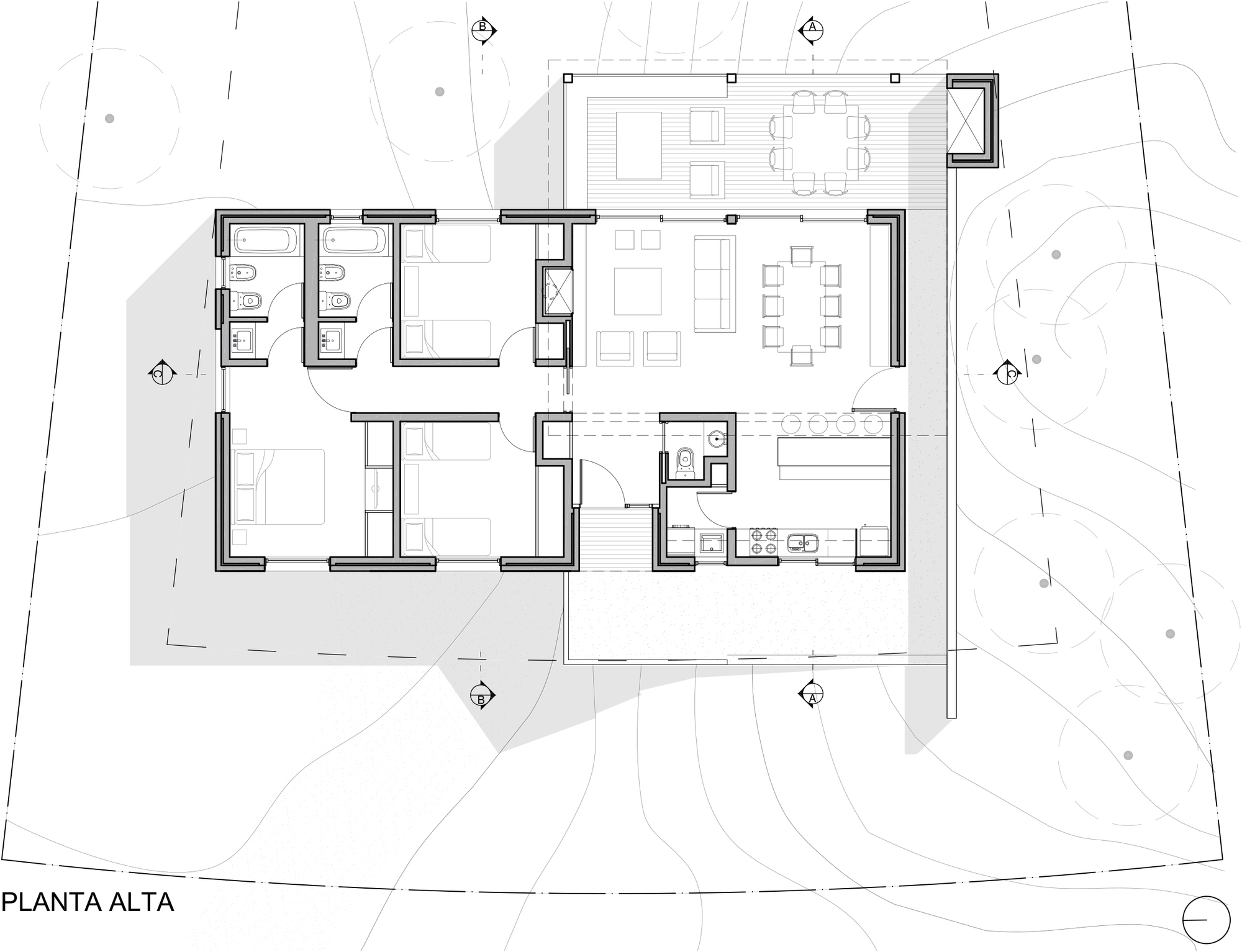 Upper floor plan drawing showing bedrooms and bathrooms on the left, with living, dining, kitchen and a covered terrace on the right