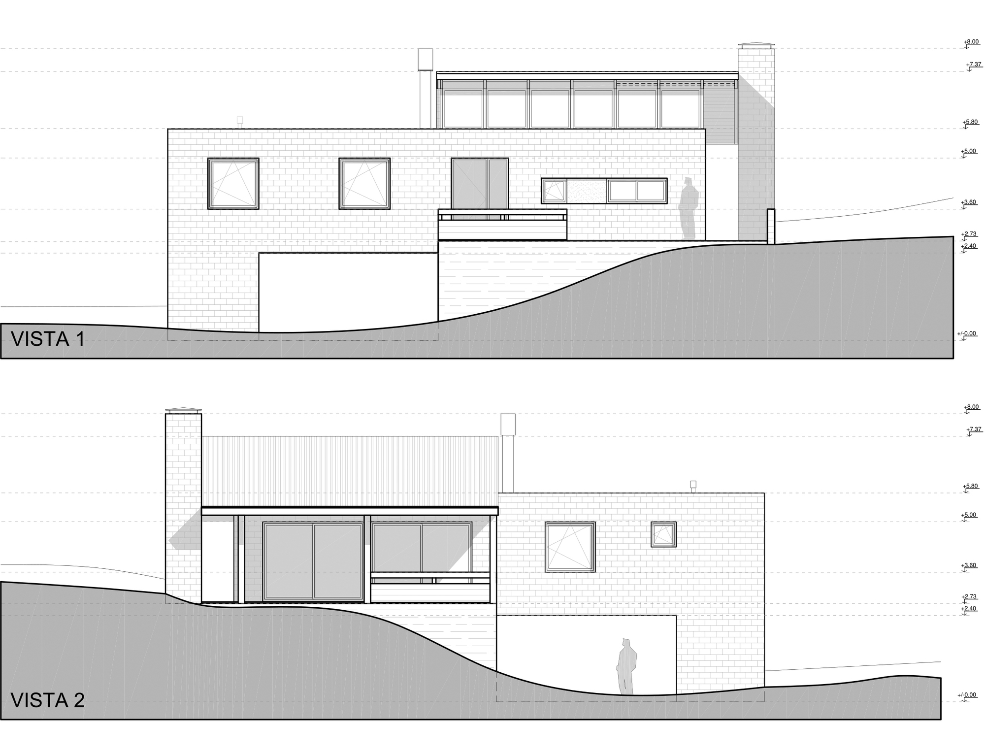 Two elevation drawings of the brick house on sloping ground, with a chimney, window openings and standing figures for scale