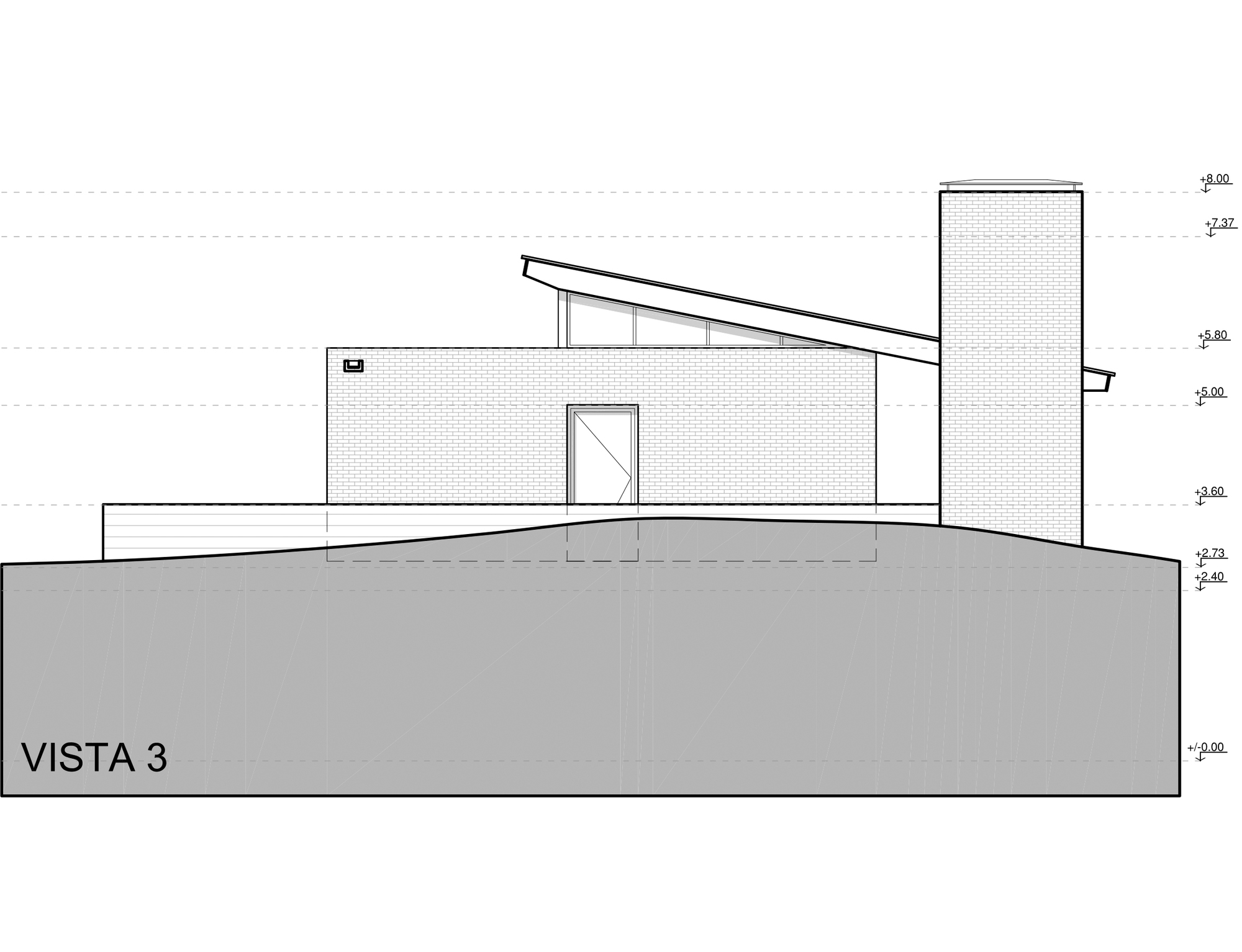 Elevation drawing of a brick house with a sloped roof and tall brick chimney rising above a rolling ground line