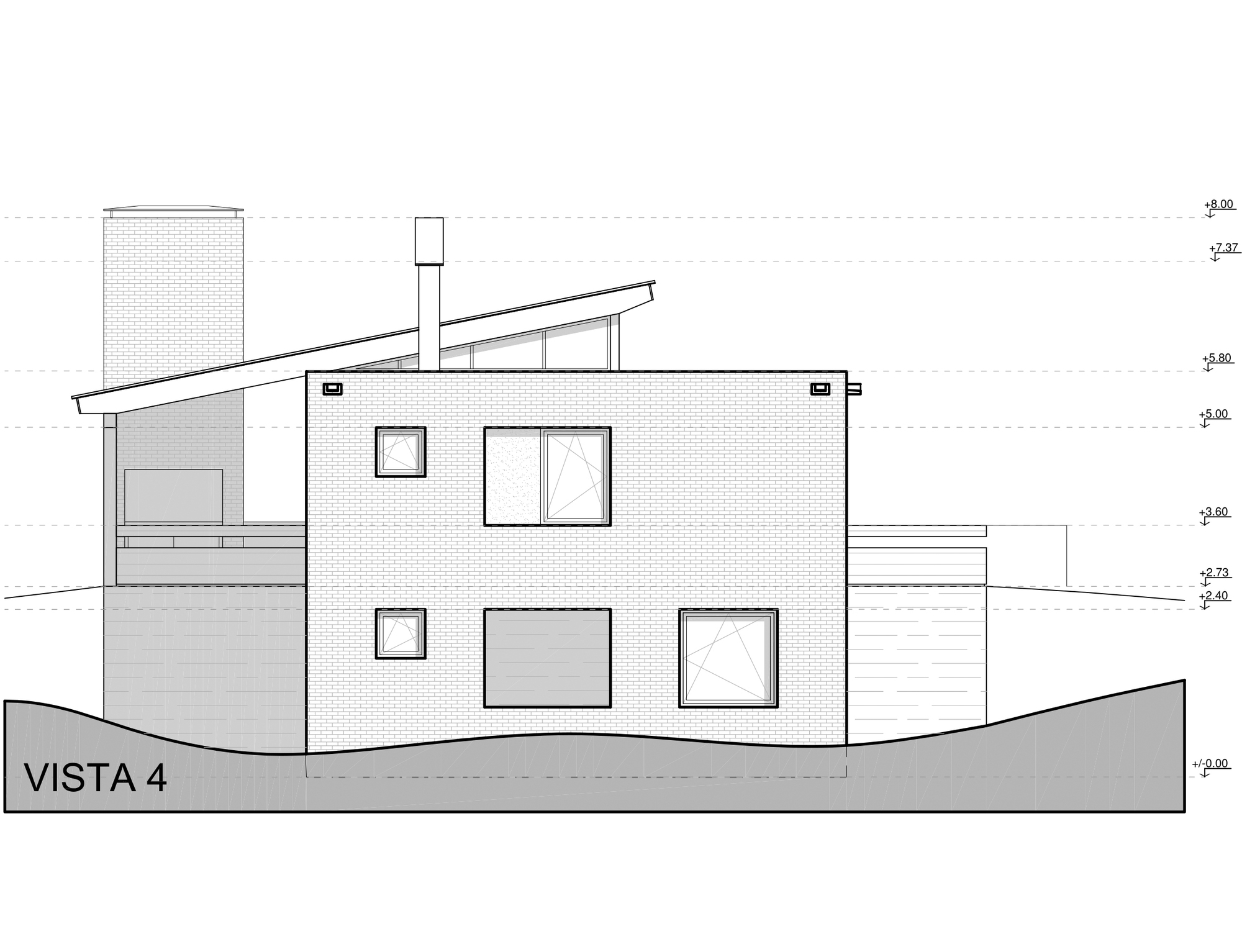 Elevation drawing of a two-storey brick volume with square windows, a pitched roof behind and a freestanding chimney flue