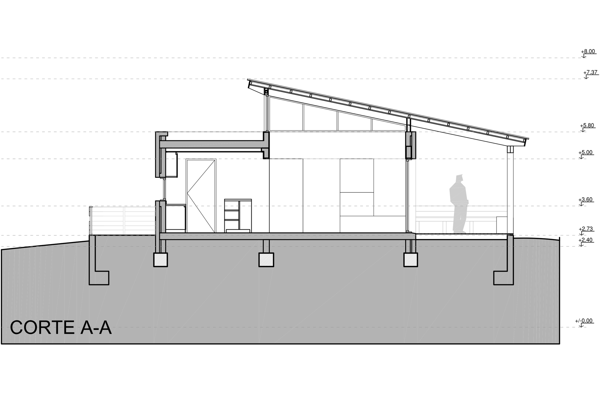 Section drawing through a single-storey house on concrete footings, with a standing figure on the covered porch under a sloped roof