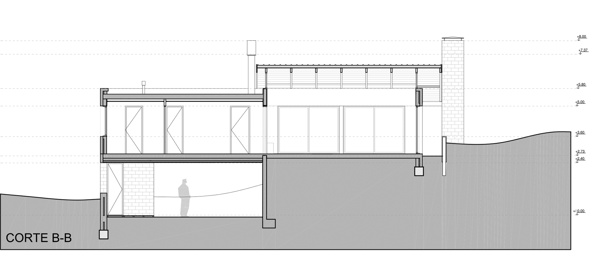 Section drawing of a house stepping down a slope, with a lower level, brick column and a figure standing below