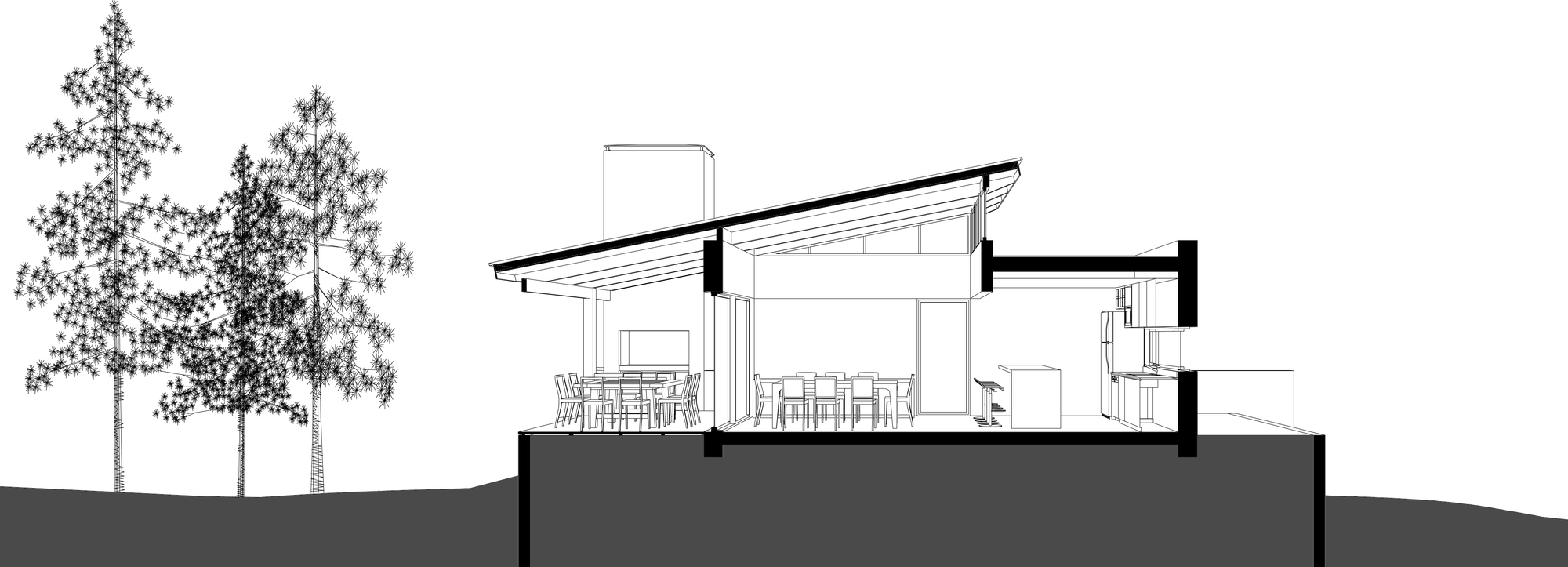 Section drawing of a house with a sloped roof, dining tables in the porch and interior, and pine trees at left