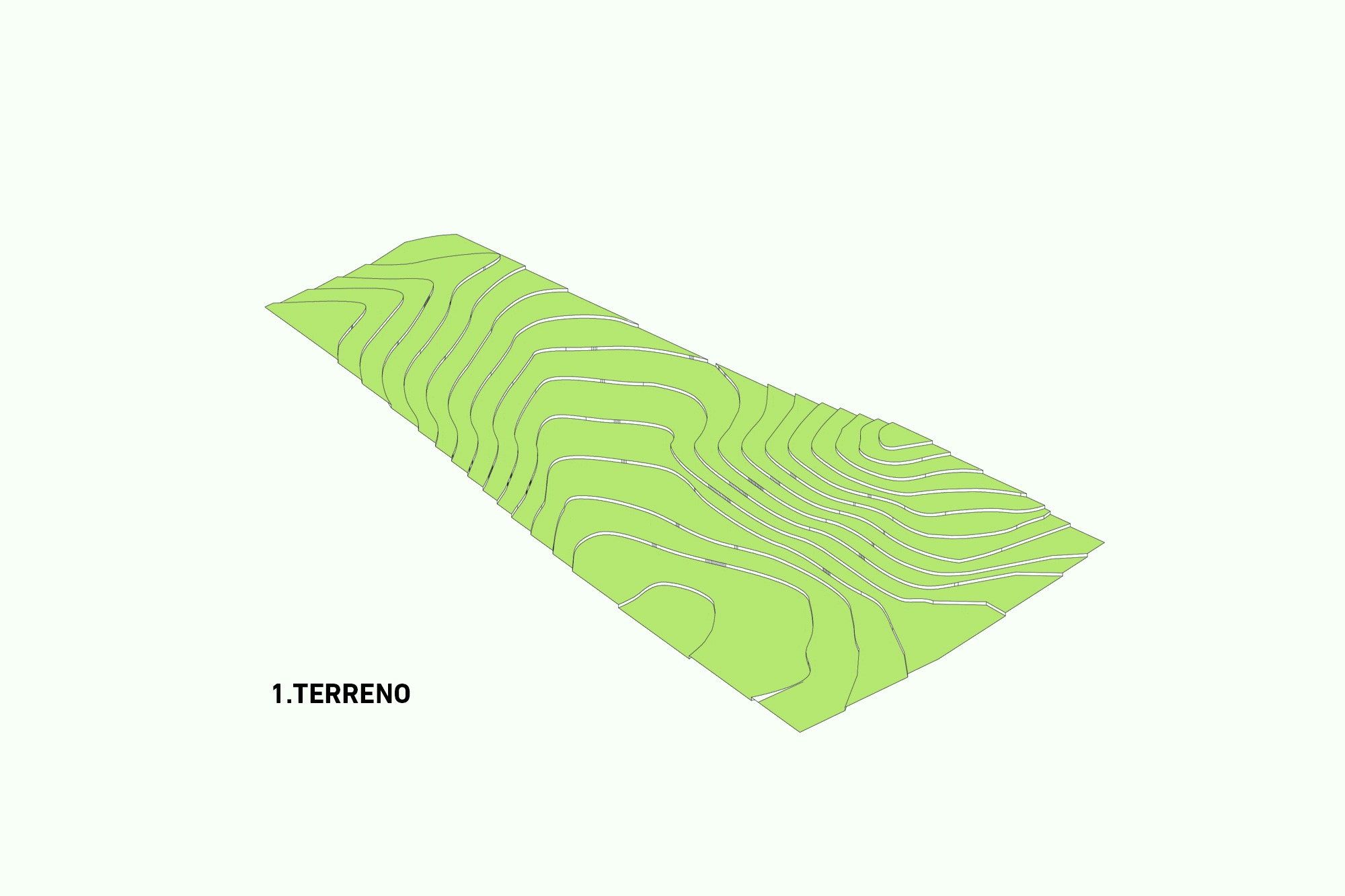 Axonometric diagram of the terrain, showing stacked contour layers of a sloping green site