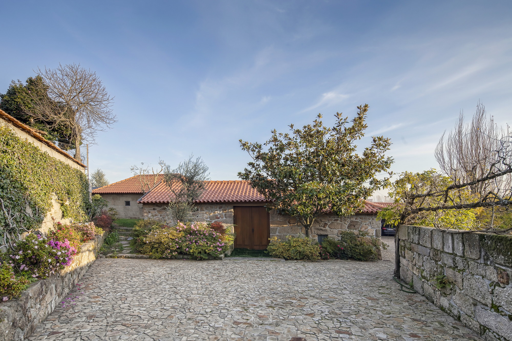 Granite cobbled courtyard leading to a stone house with a wooden door, terracotta roof and a magnolia tree in late light