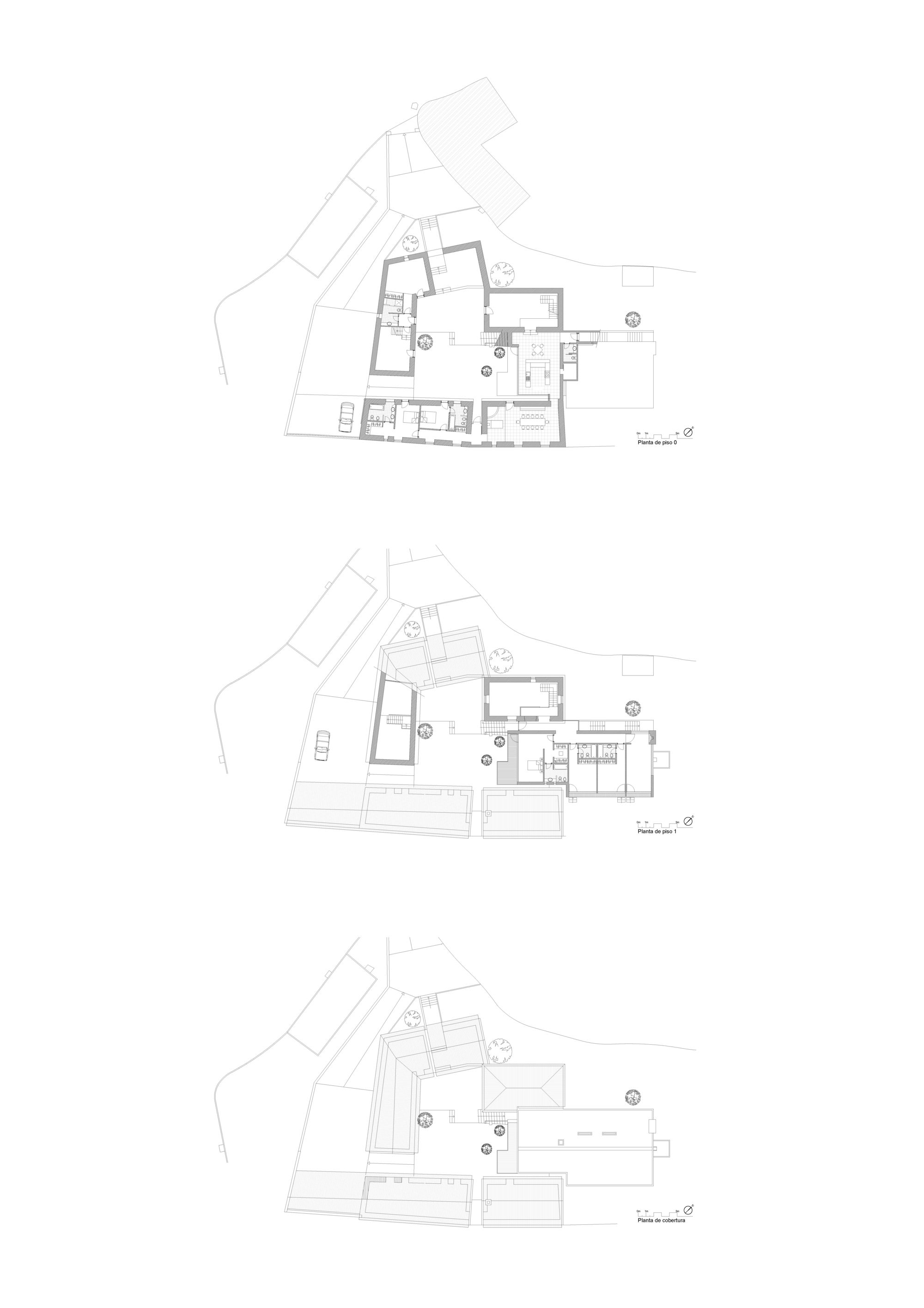 Three stacked floor plan drawings showing wall layouts of the ground floor, upper floor and roof over a sloping site