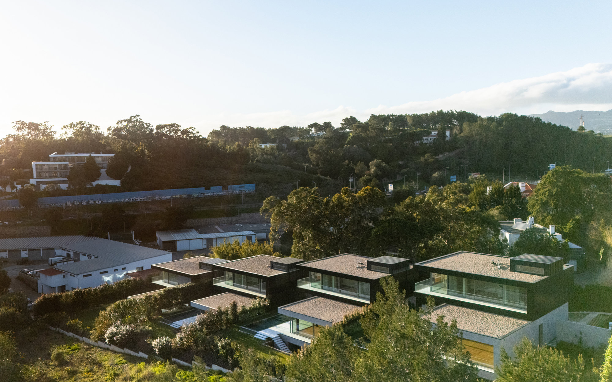 Row of dark-clad houses with gravel roofs and glazed upper floors seen from above through trees at low evening light