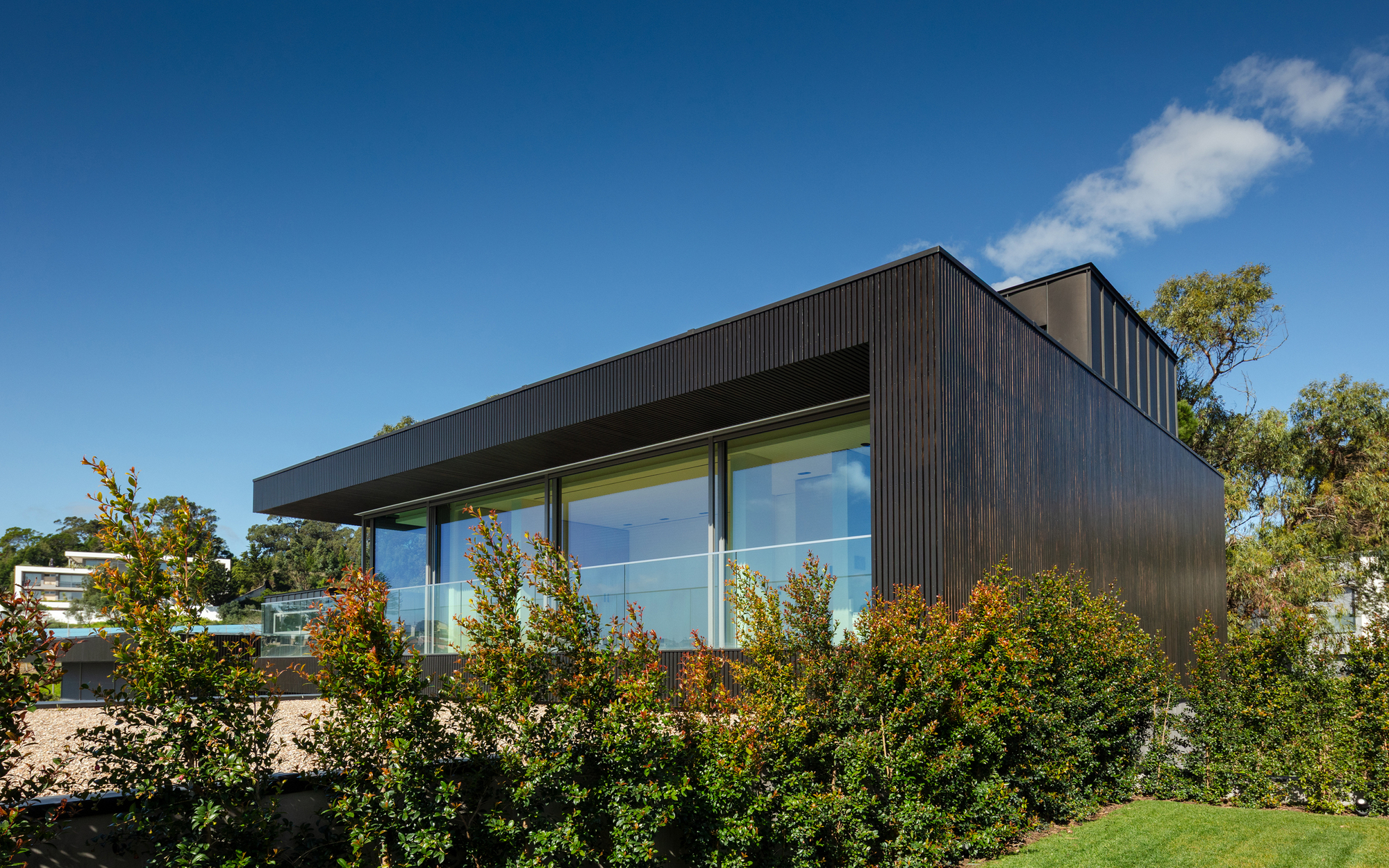 Black vertical-slat volume with a deep roof overhang and glazed corner, framed by flowering shrubs and a lawn under blue sky