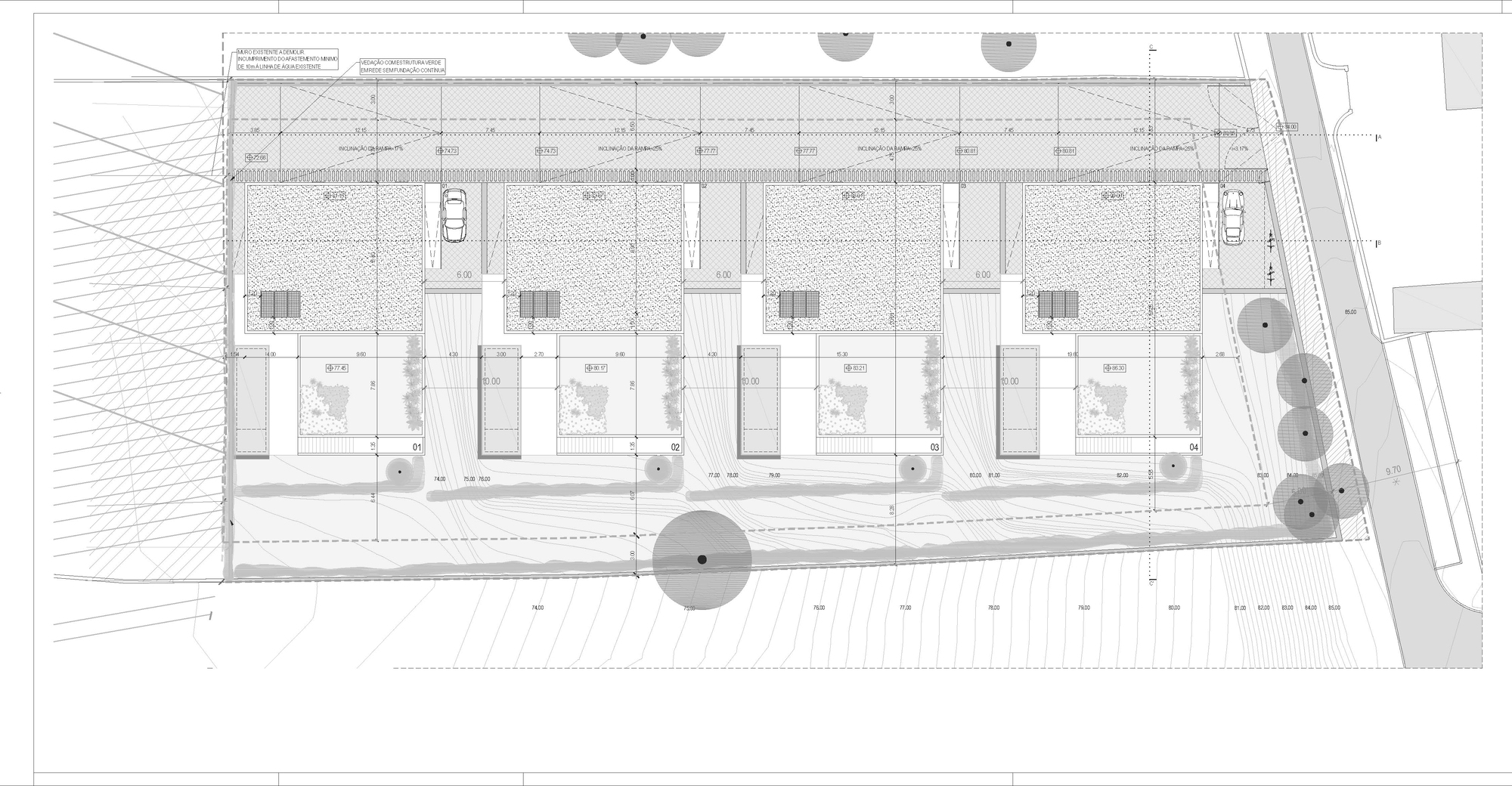Site plan drawing showing four identical houses in a row along a sloping plot with parking, gardens and surrounding trees