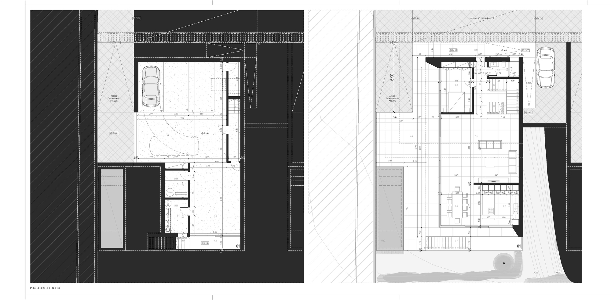 Floor plan drawing of one house, with the lower garage and service level beside the main living level with dining area