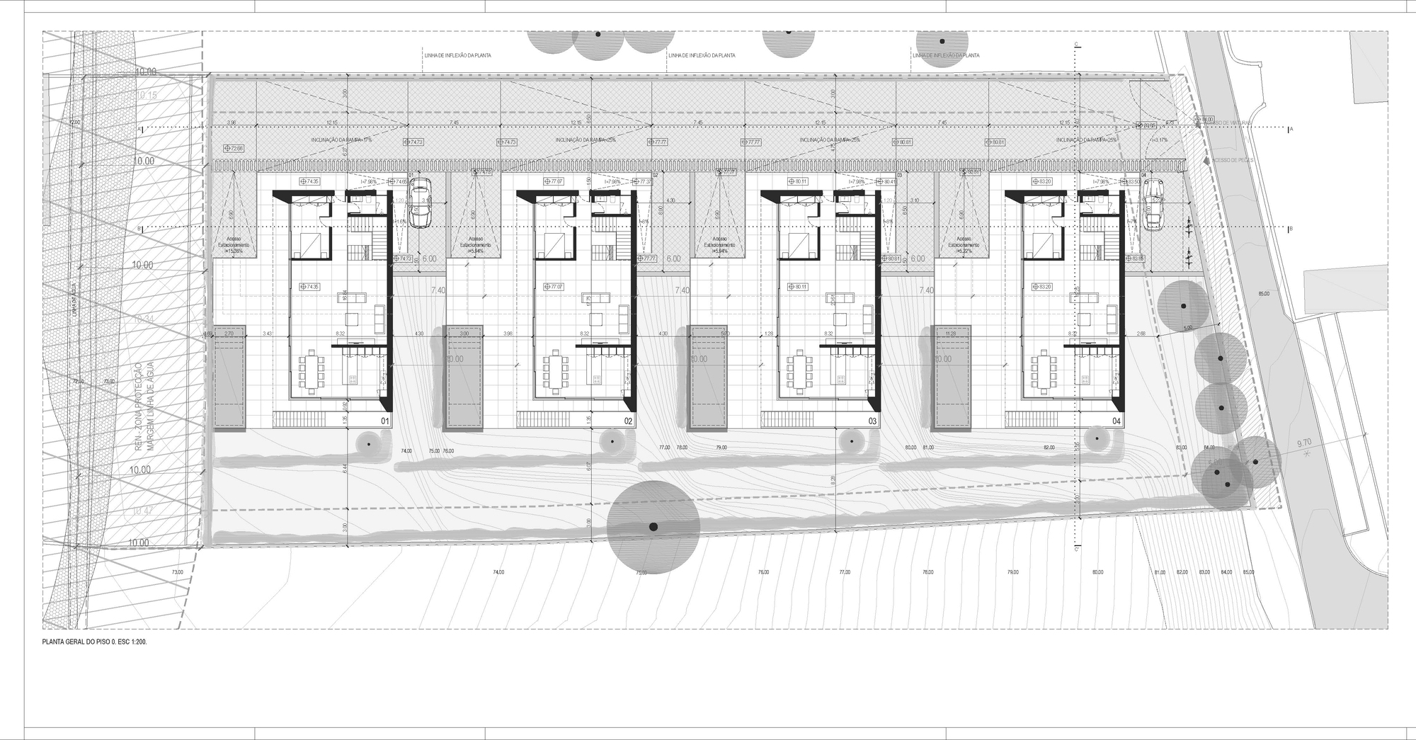 Site plan drawing of the middle floor level across four houses, showing living spaces, stairs and pools on the slope