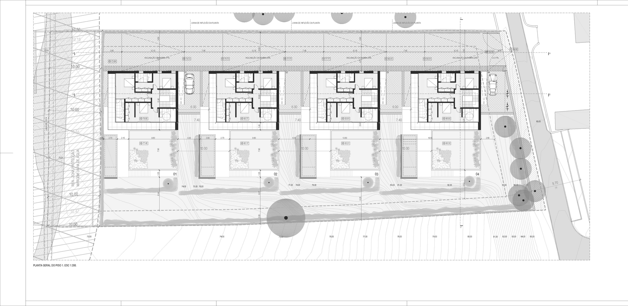 Site plan drawing of the upper floor level across four houses, showing bedroom layouts and garden terraces along the slope