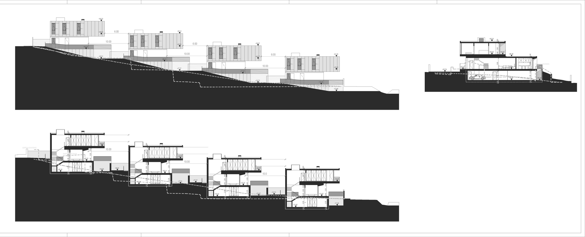 Section and elevation drawings showing four houses stepping down a steep hillside, with a separate cross section of a single house