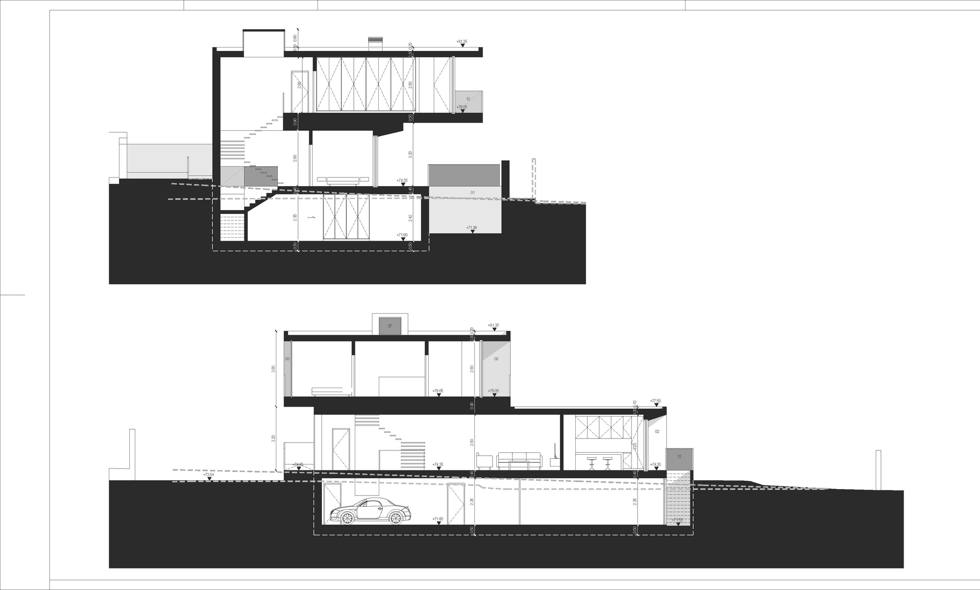 Two section drawings cutting through a stacked house on sloping ground, showing a basement garage with a car, stairs and glazed living levels