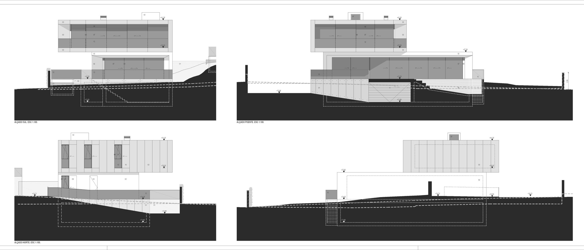 Four elevation drawings of a boxy house with cantilevered upper volume, showing glazed facades, a ramped entry and the buried basement outline