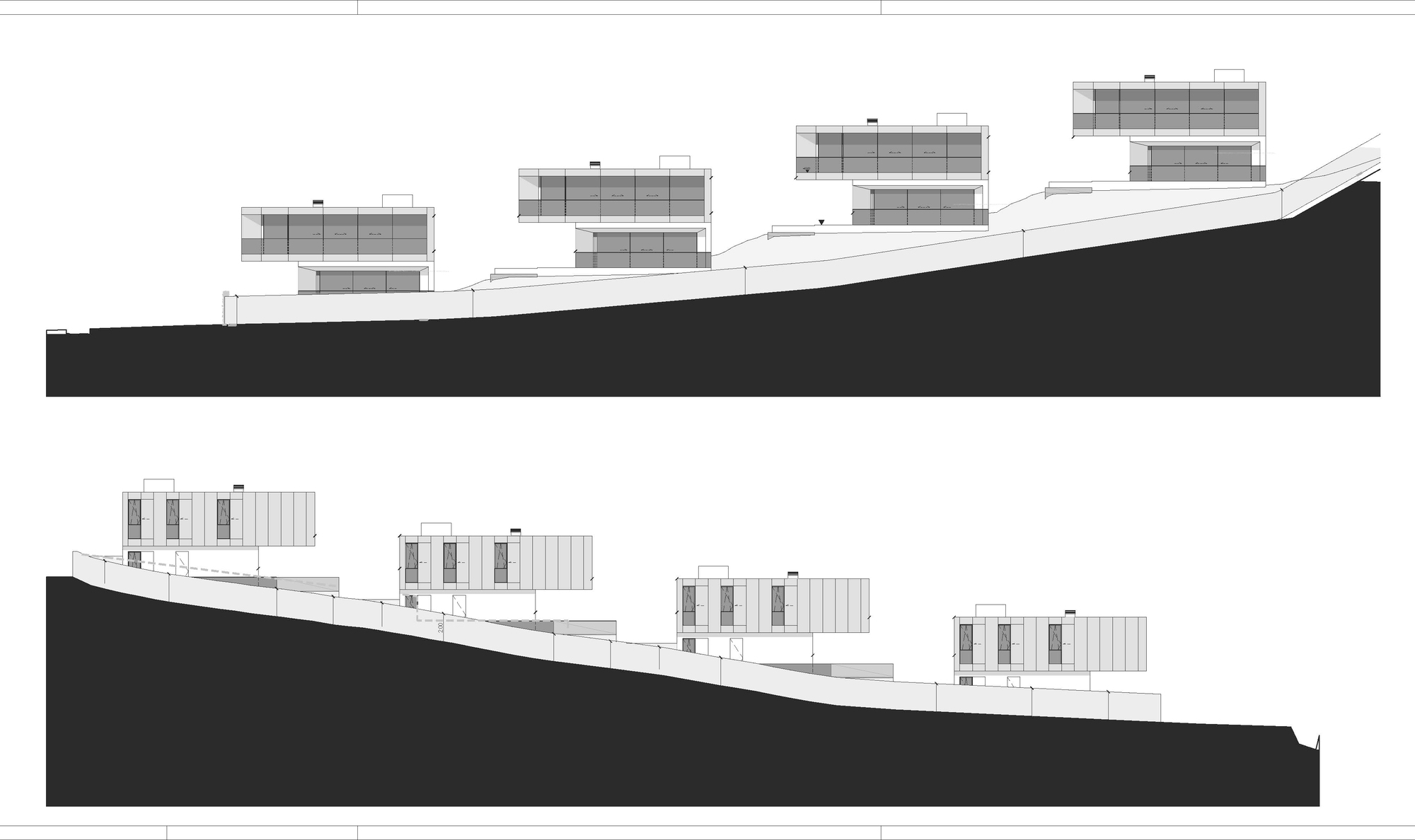 Two elevation drawings of four houses stepping up a steep hillside, each with a cantilevered upper box above a glazed lower level