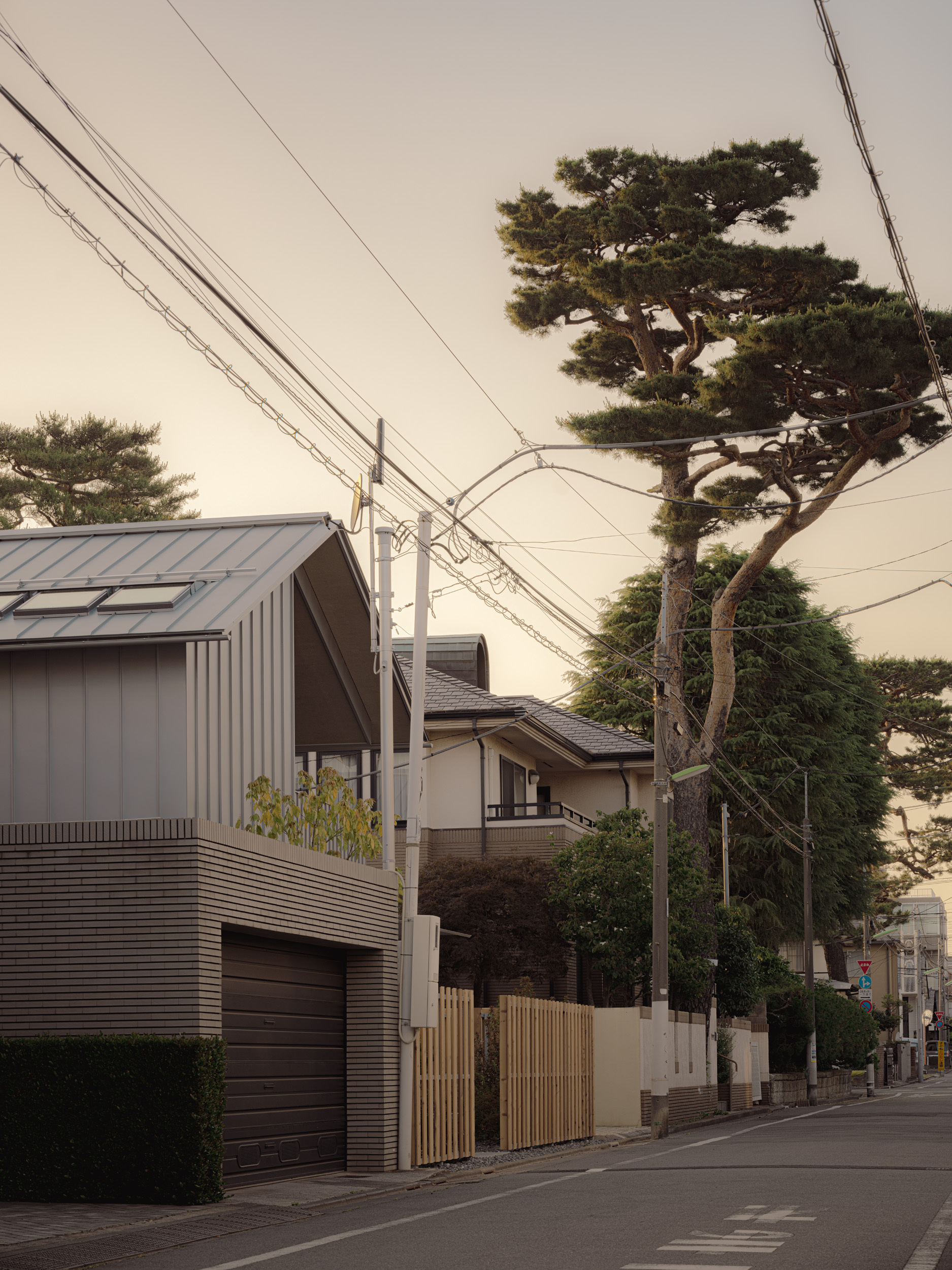 Street view of the metal-clad gable above a dark garage door, with a tall pine and overhead power lines at sunset